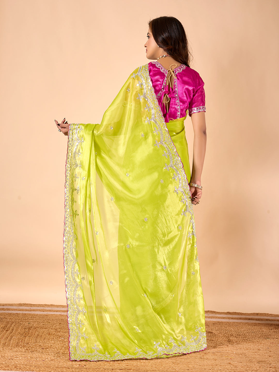 Women's Designer Embroidered Zimmichoo Saree with Contrast Blouse