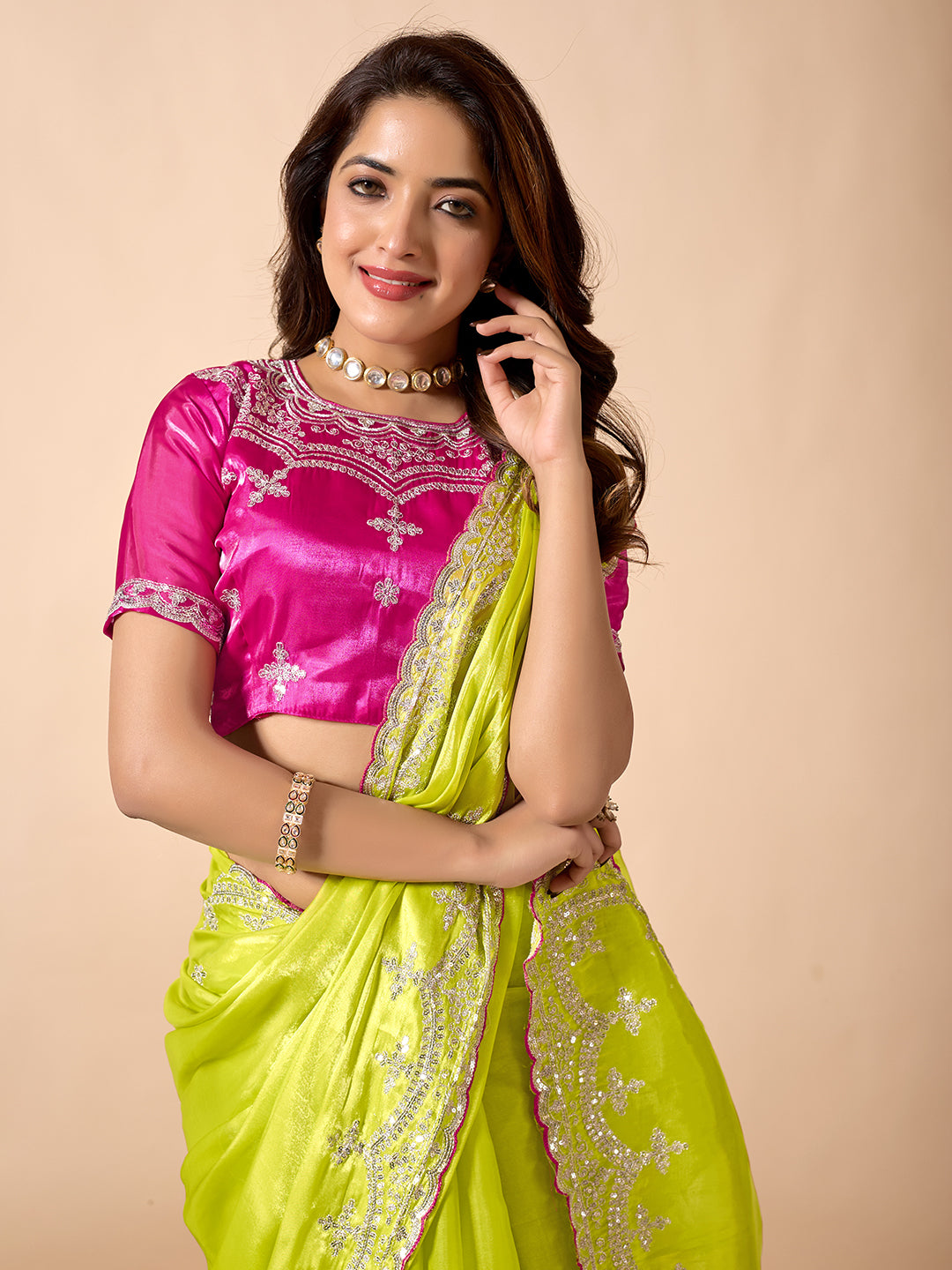 Women's Designer Embroidered Zimmichoo Saree with Contrast Blouse