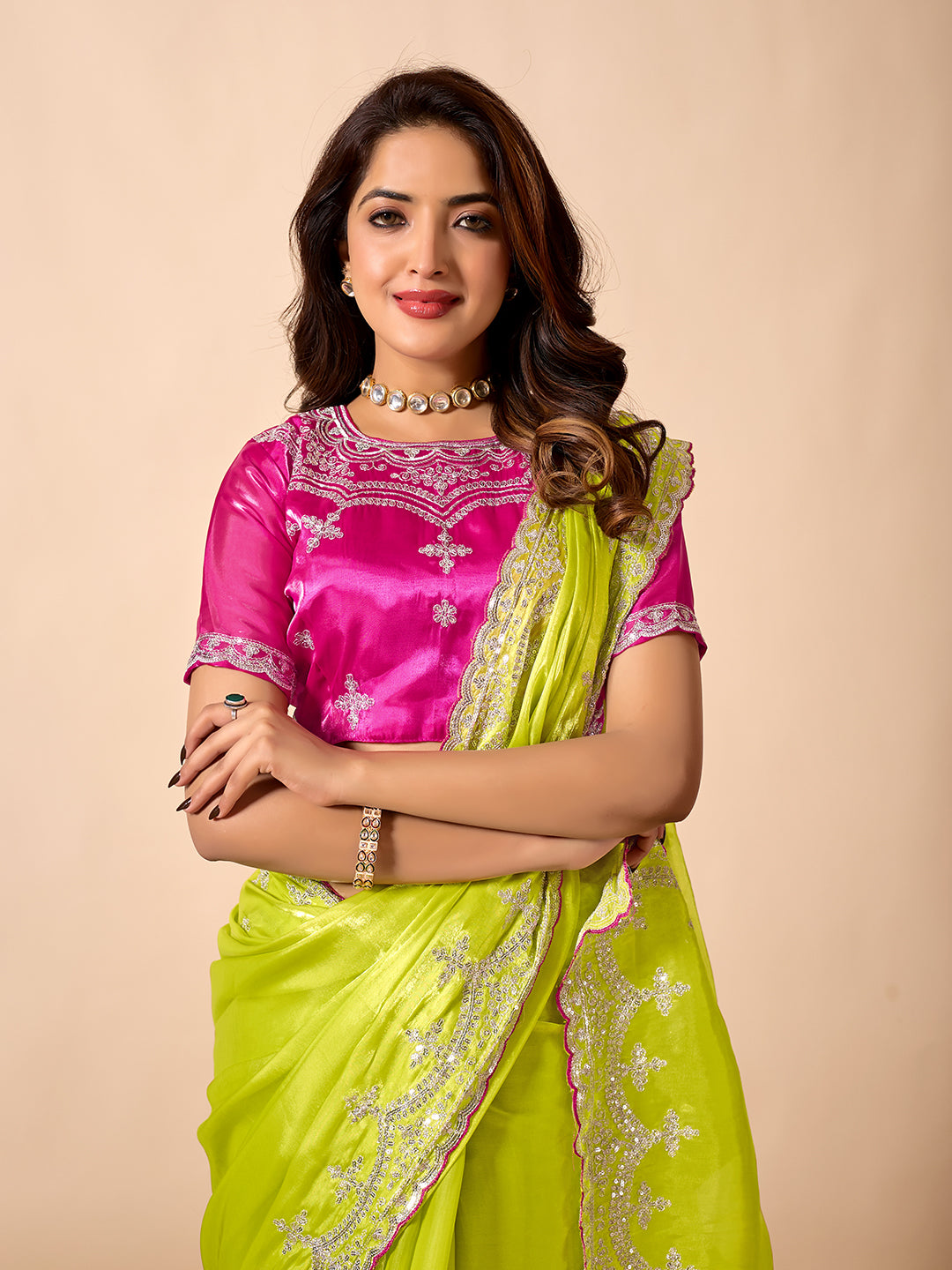 Women's Designer Embroidered Zimmichoo Saree with Contrast Blouse