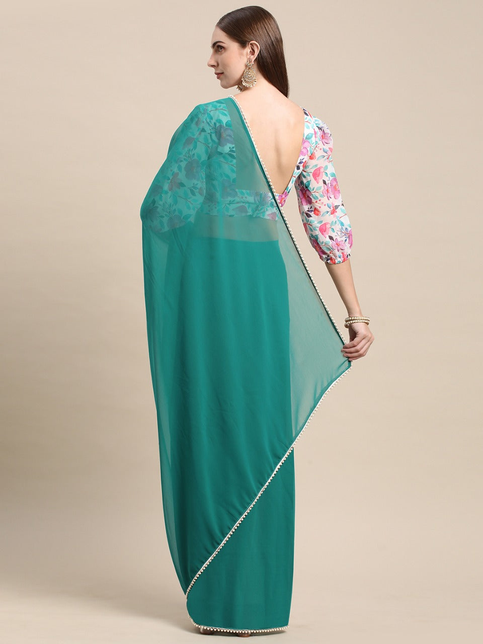 Womens Pure Georgette Rama Solid Saree with Printed Blouse