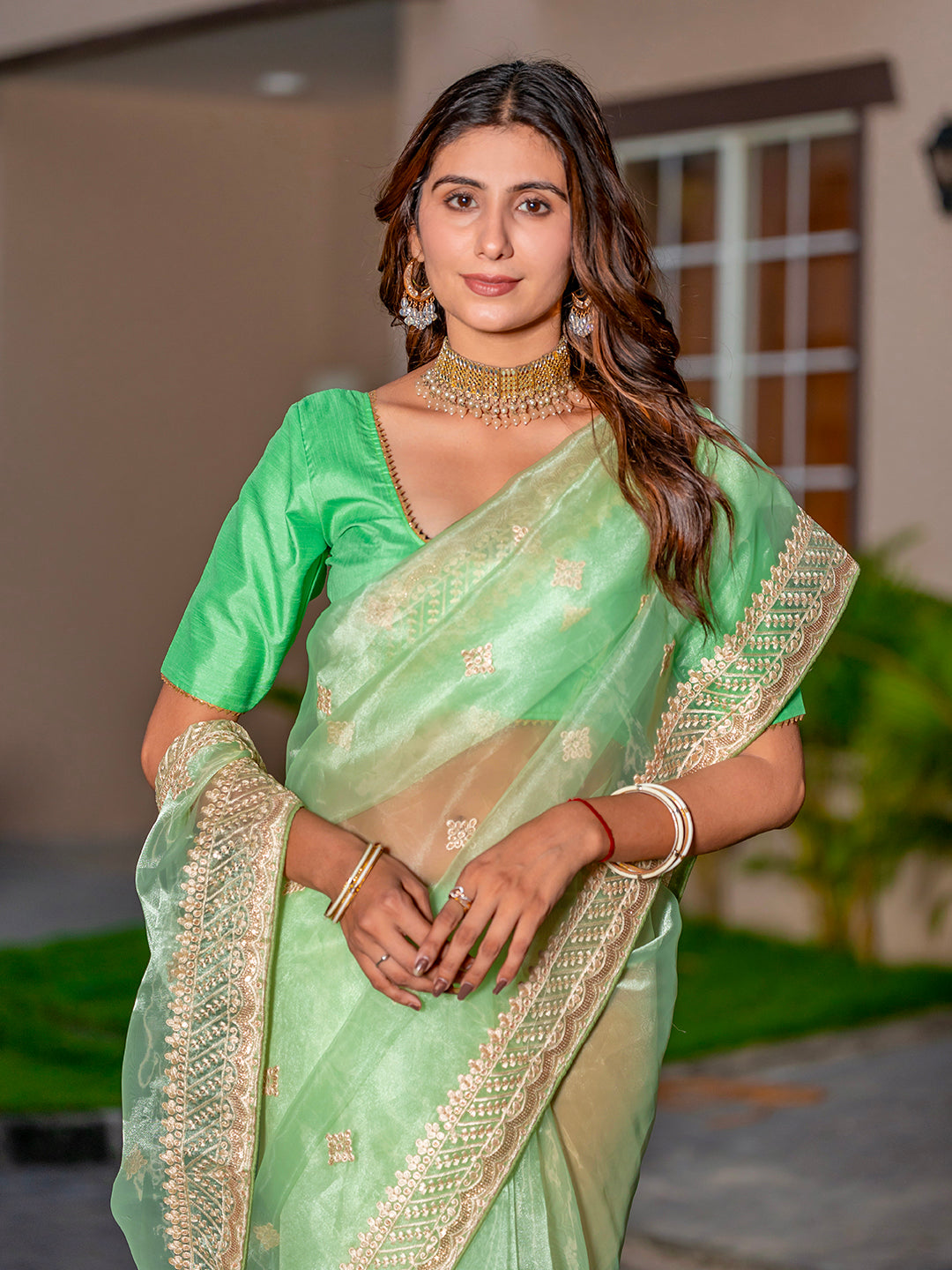 Womens Designer Embroidery Organza Saree