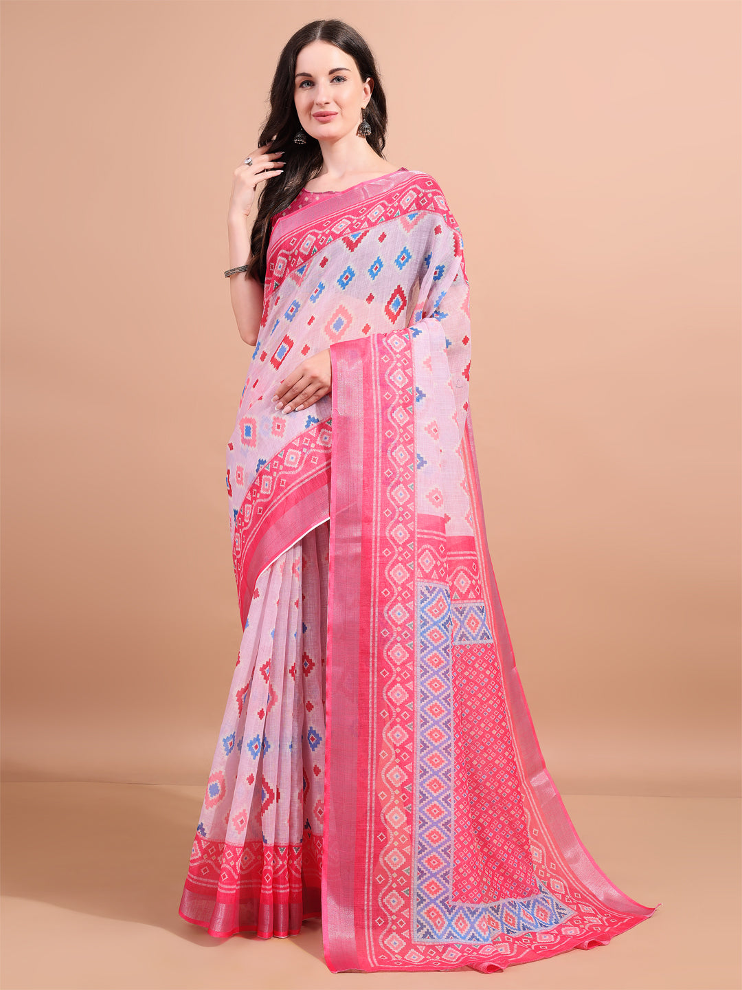 Floral Printed Zari Linen Saree