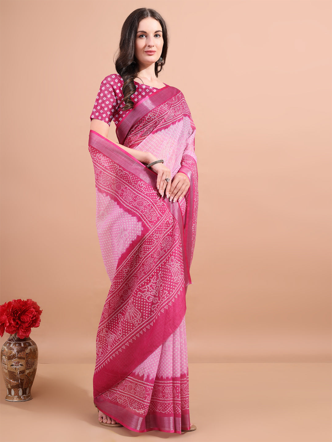 Floral Printed Zari Linen Saree