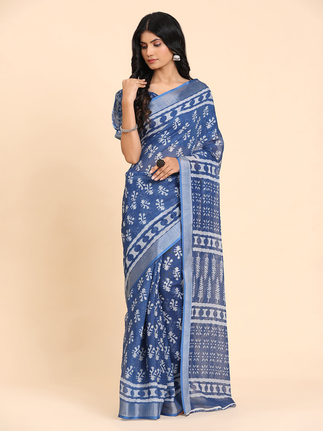 Floral Printed Zari Linen Saree