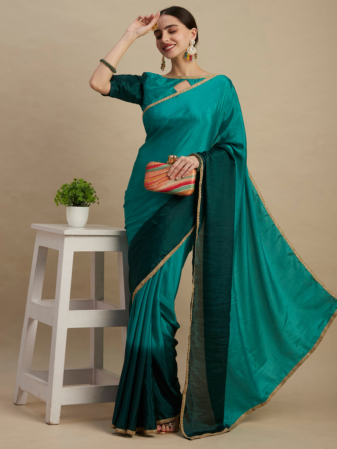 Womens Designer Ombre Shaded Chinon Saree