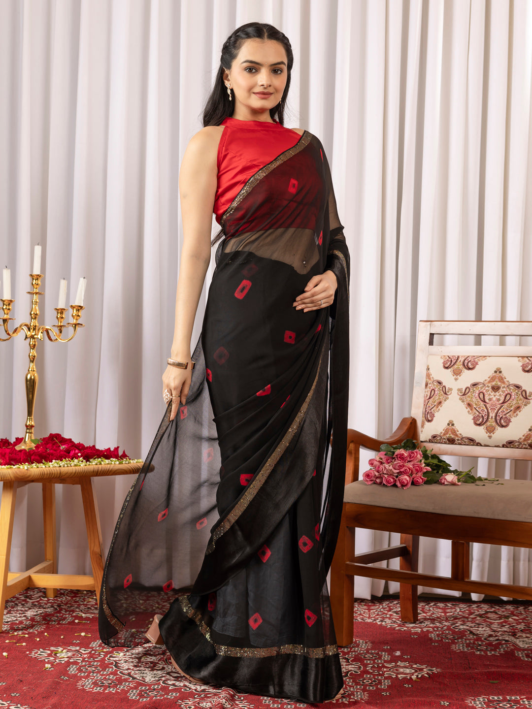 Womens Traditional Hand Bandhej Black & Red Saree