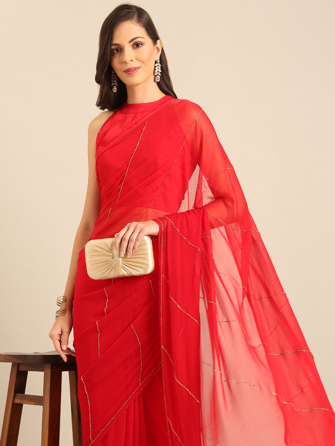 Pure Chiffon Cutdana Handwork Red Saree