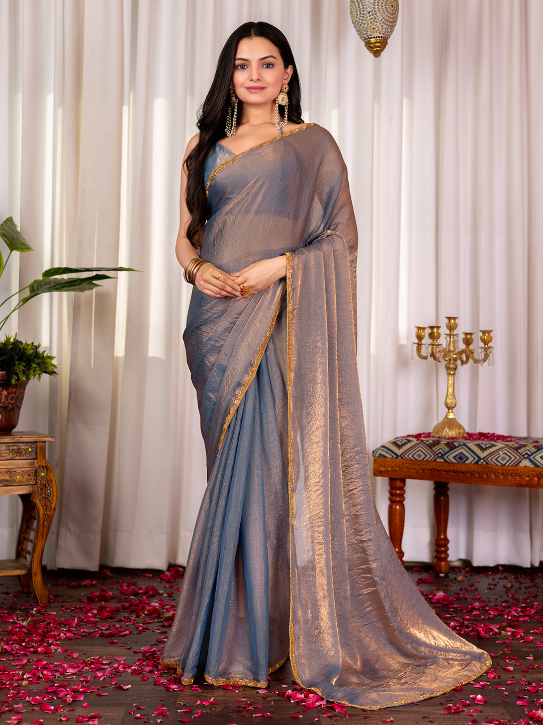 Pure two tone Fendi Chiffon Lace Embroidery Saree