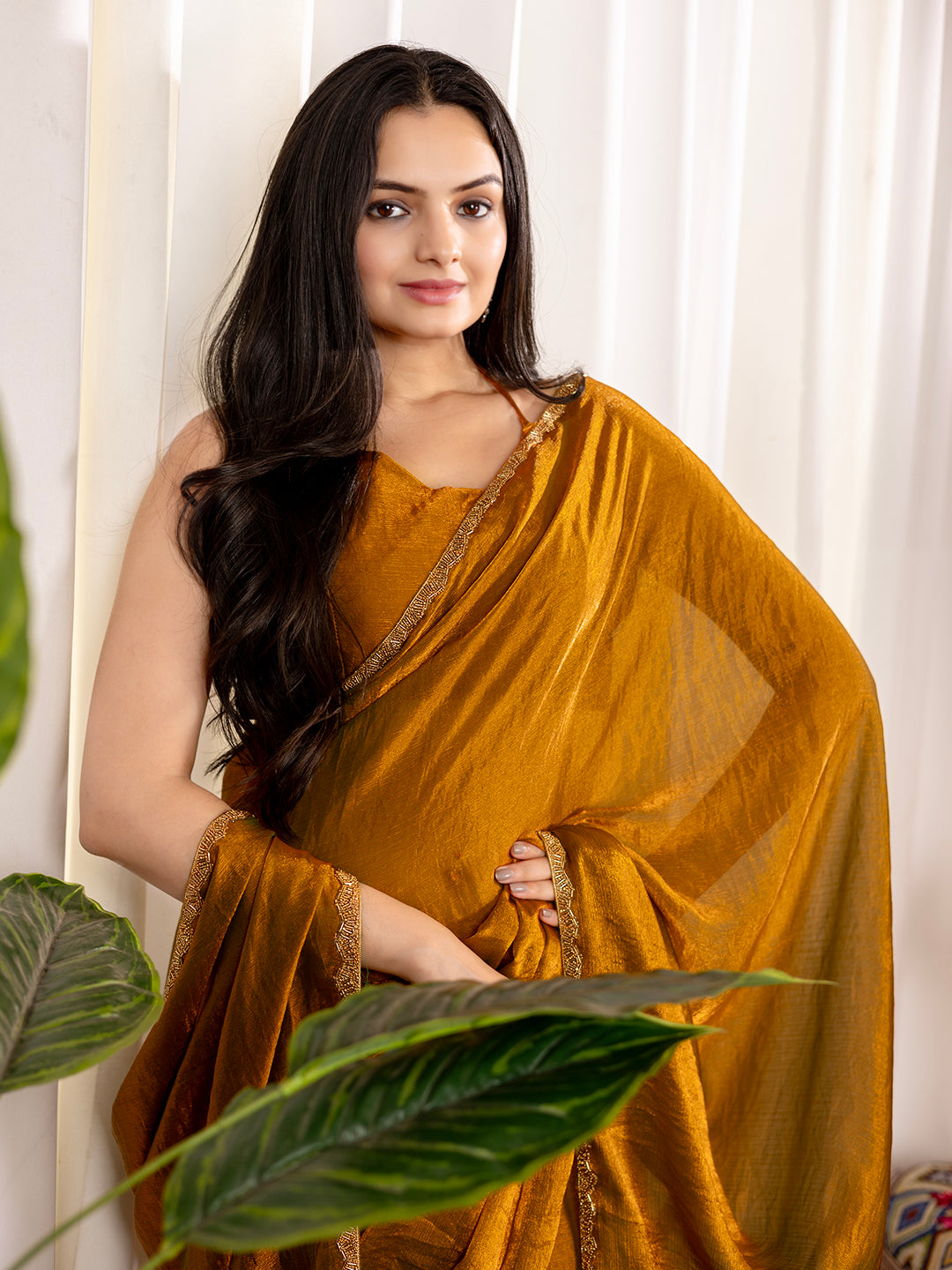 Pure two tone Fendi Chiffon Lace Embroidery Saree