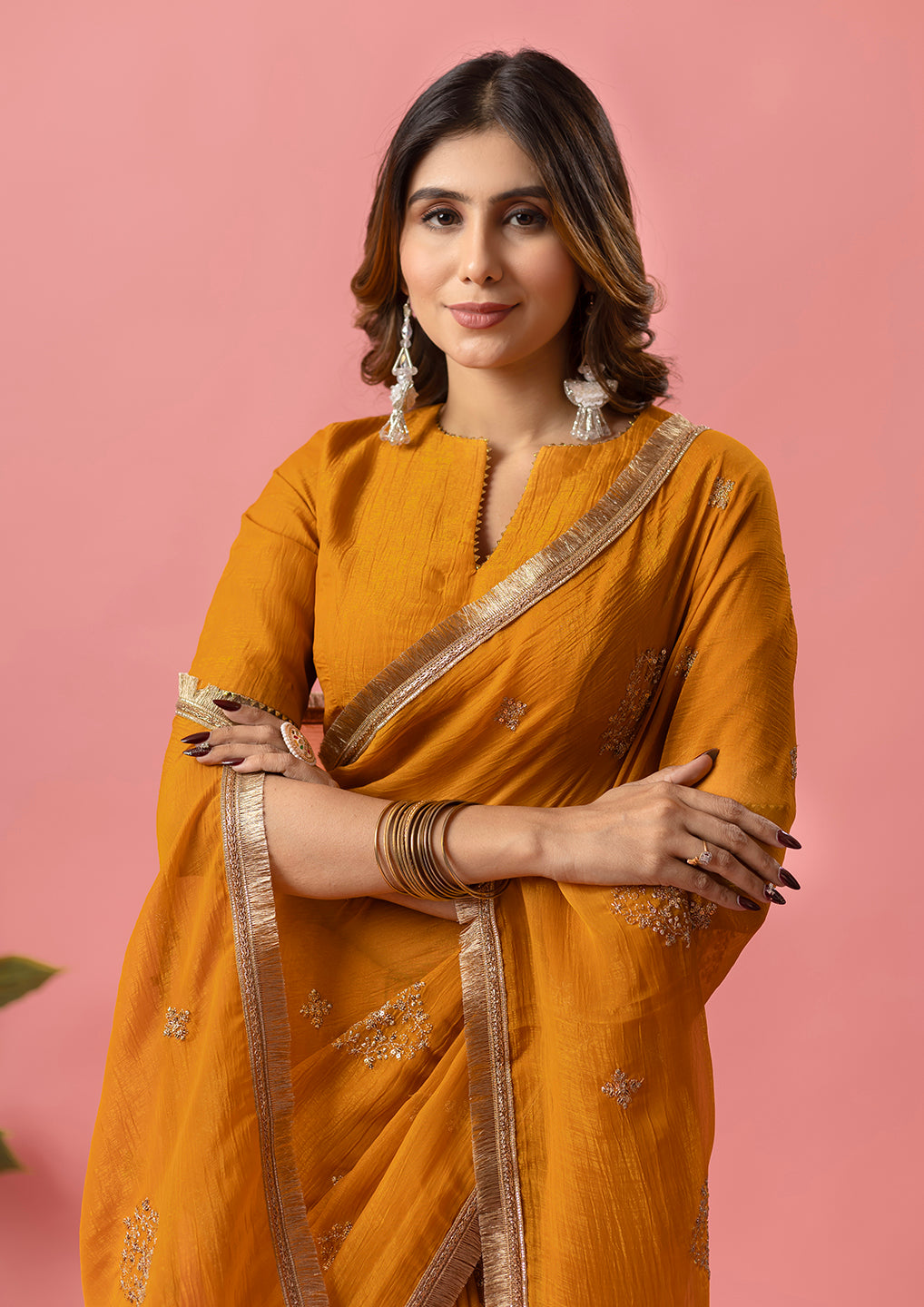 Womens Designer Crunchy Silk Chiffon Embroidery Saree