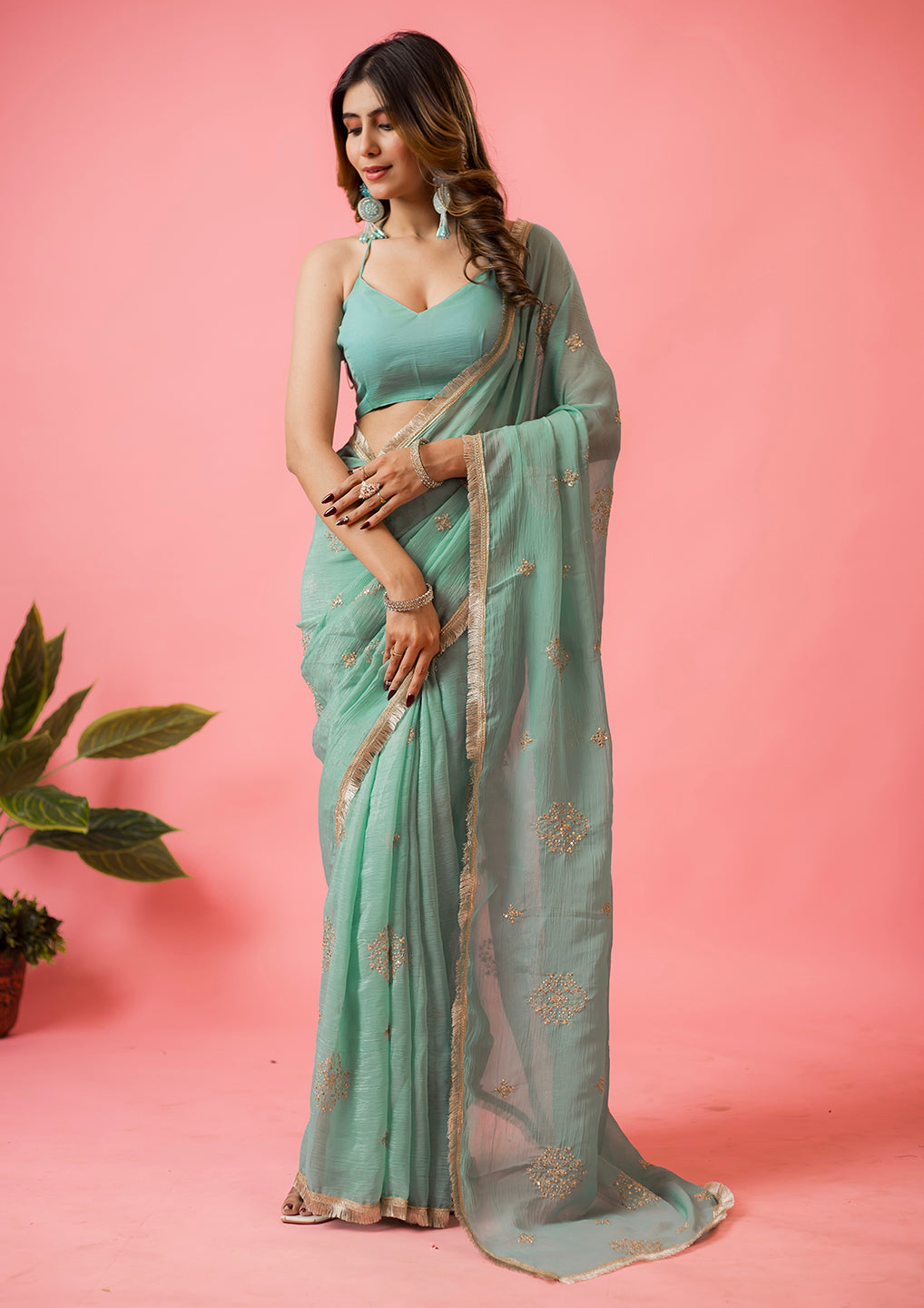 Womens Designer Crunchy Silk Chiffon Embroidery Saree