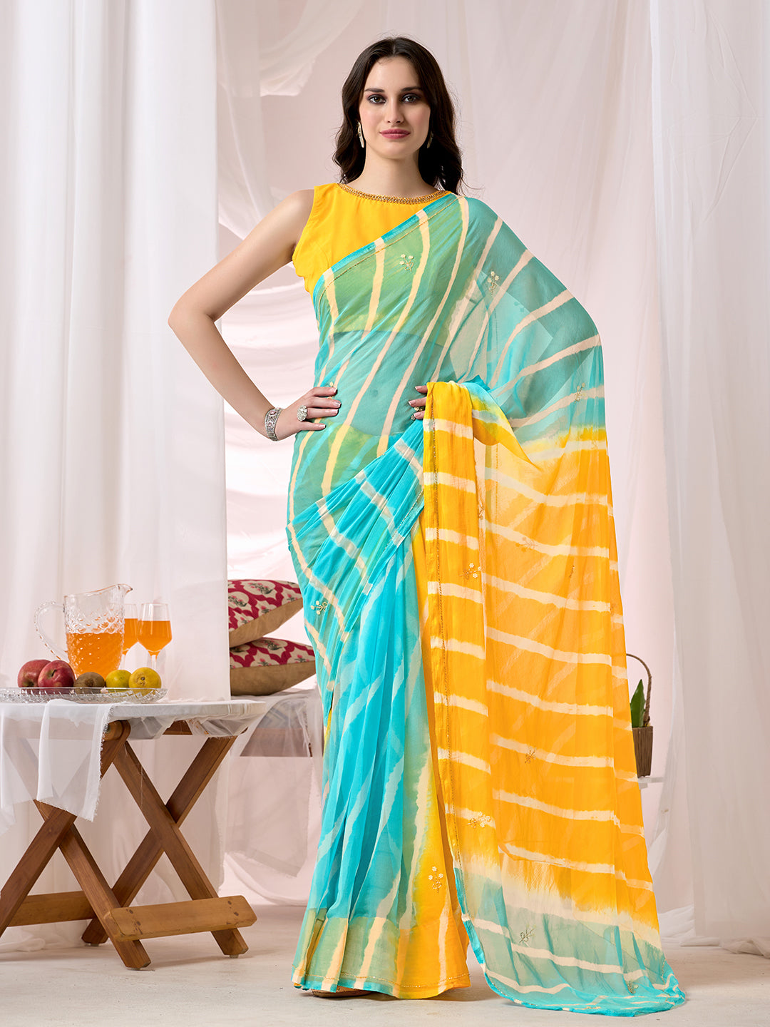 Womens Traditional Leheriya Saree With Handwork Butti