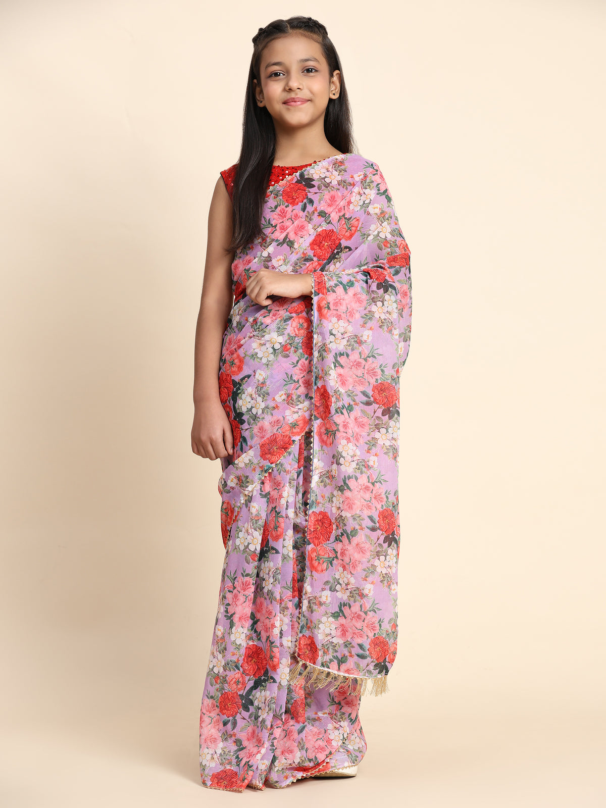 Girls Floral Printed  Ready to Wear Saree with Unstitched Velvet Sequin Blouse