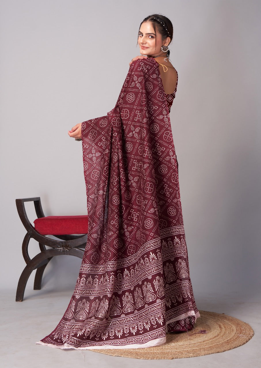 Womens Pure Mul Cotton Ajrakh Print Saree