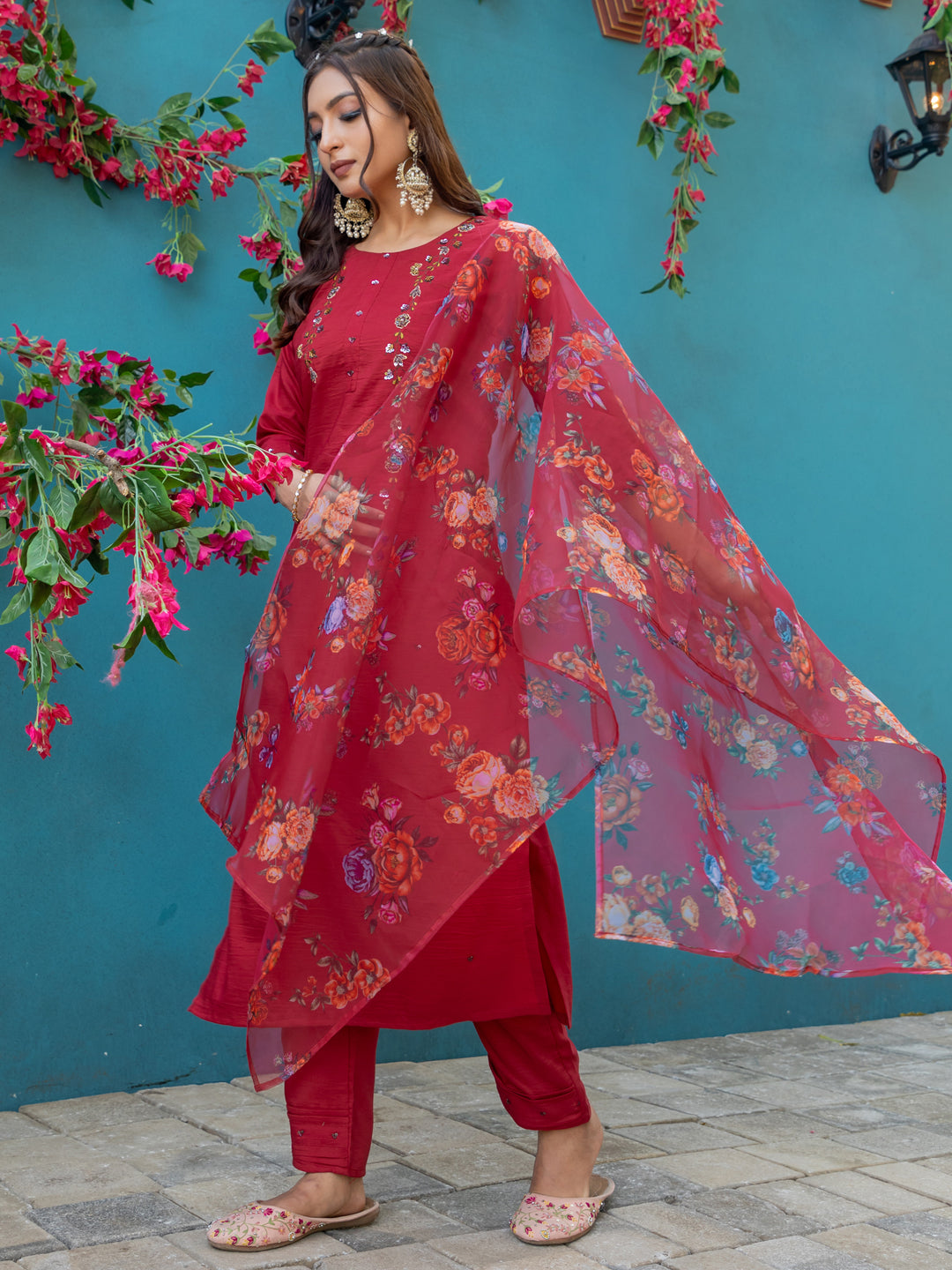 Womens Embroidered Kurti Pant with Dupatta