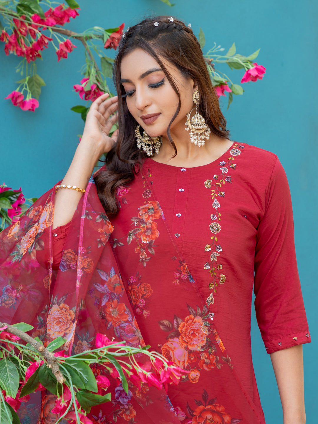 Womens Embroidered Kurti Pant with Dupatta