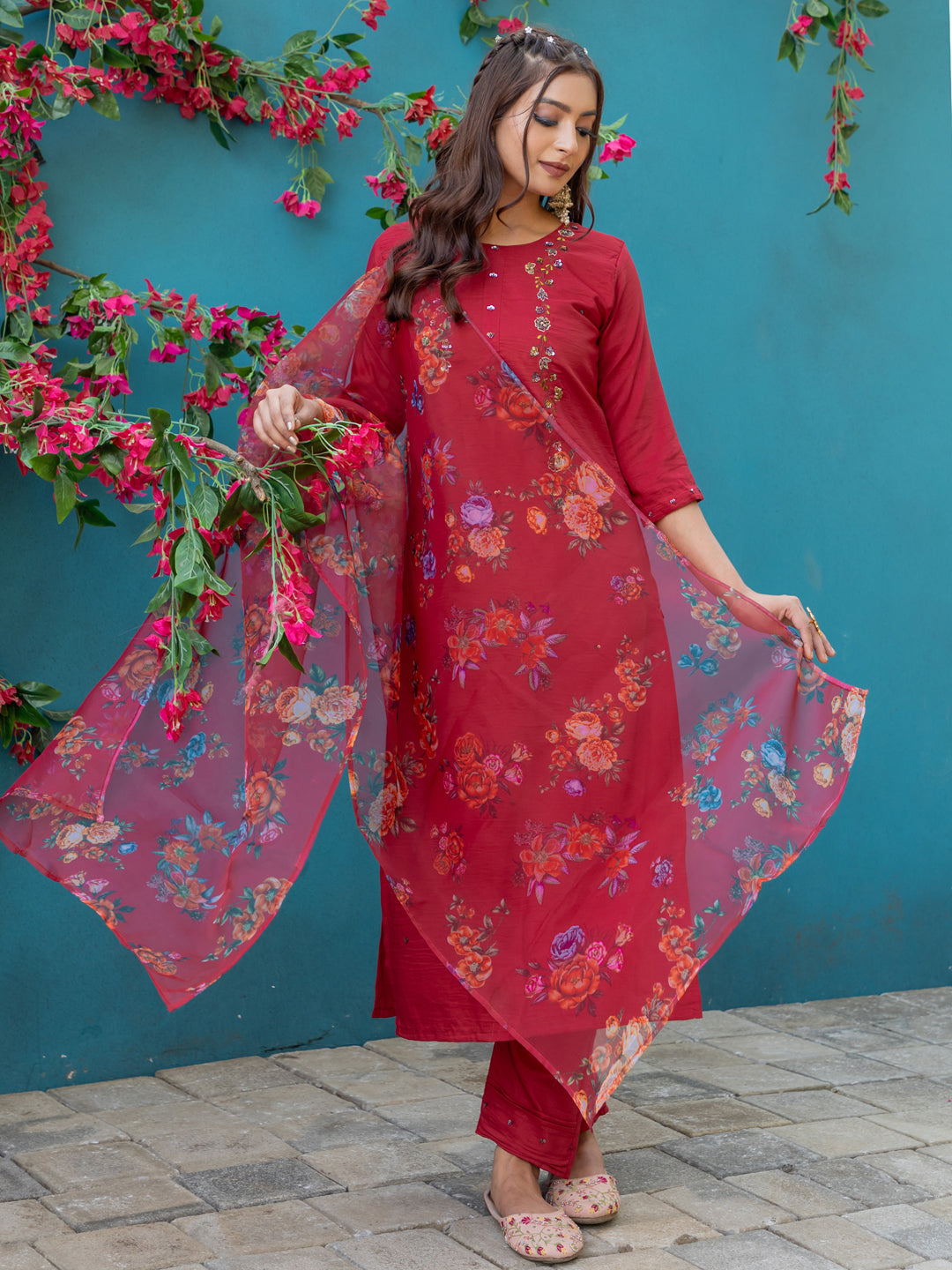 Womens Embroidered Kurti Pant with Dupatta