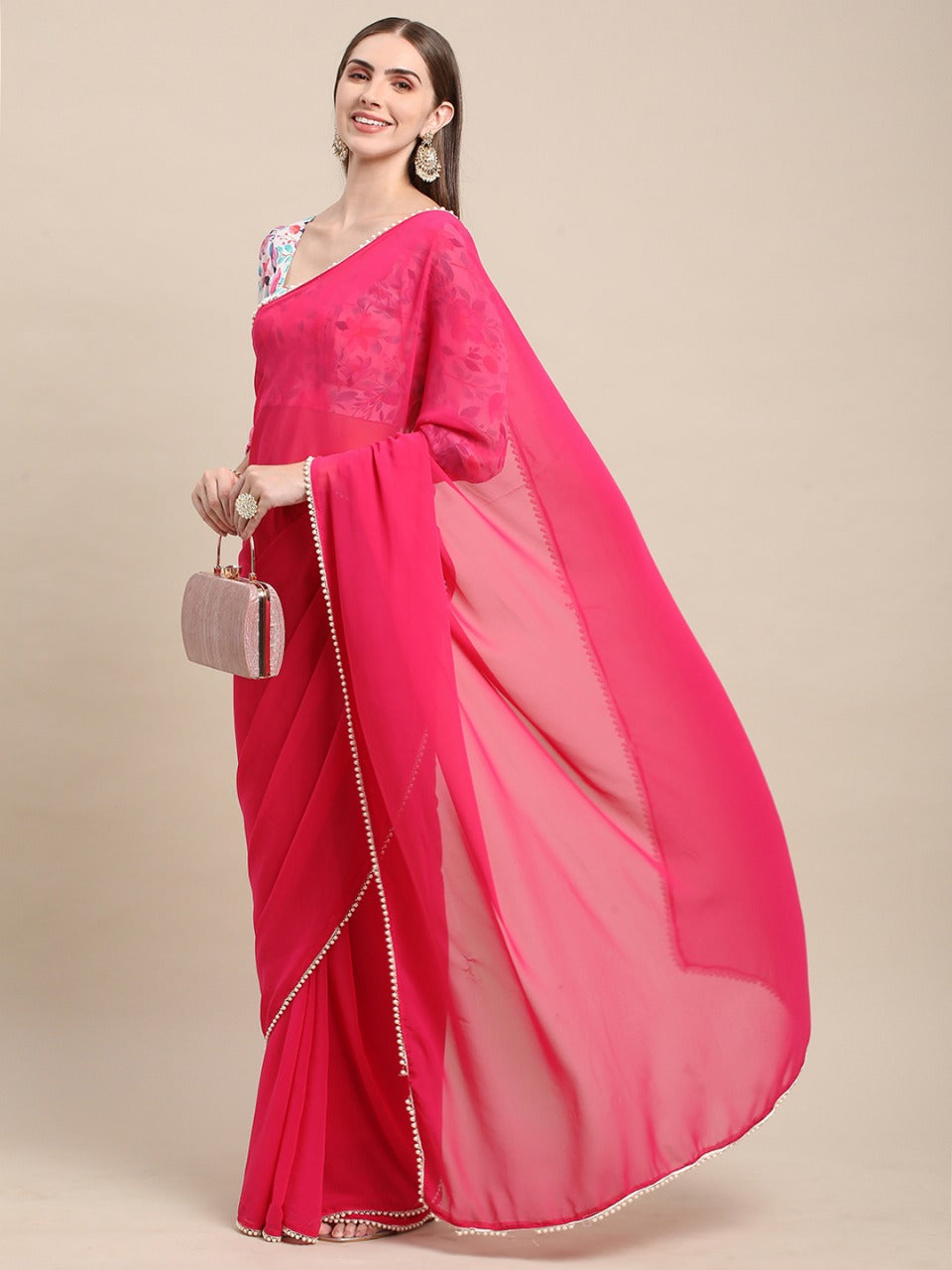 Womens Pure Georgette Rani Solid Saree with Printed Blouse