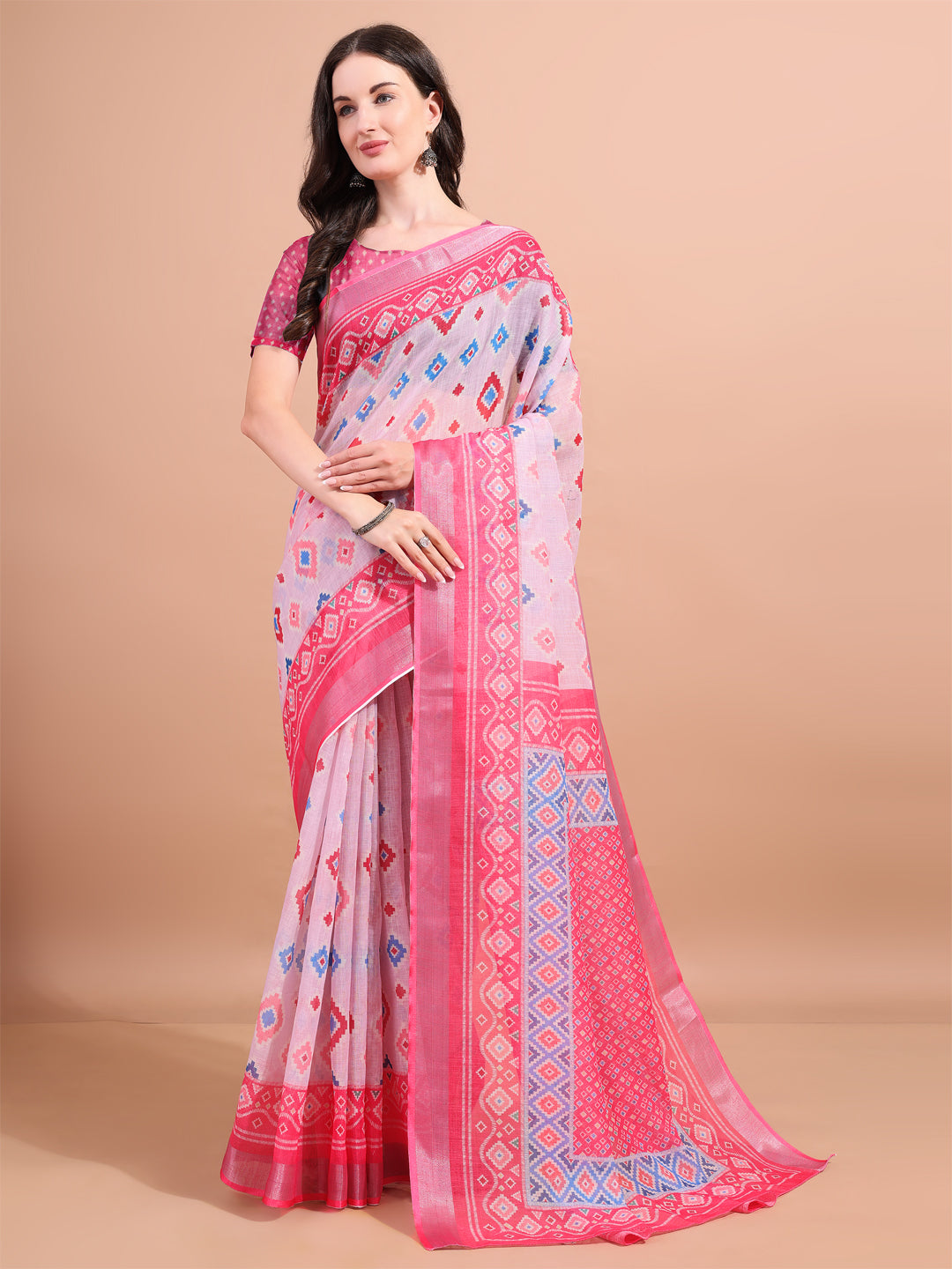 Floral Printed Zari Linen Saree