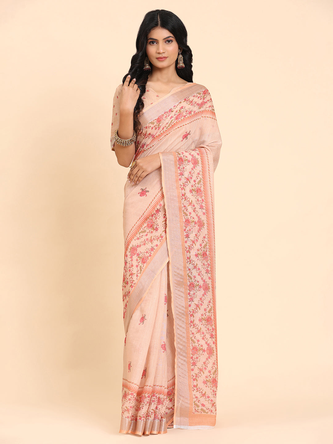 Floral Printed Zari Linen Saree