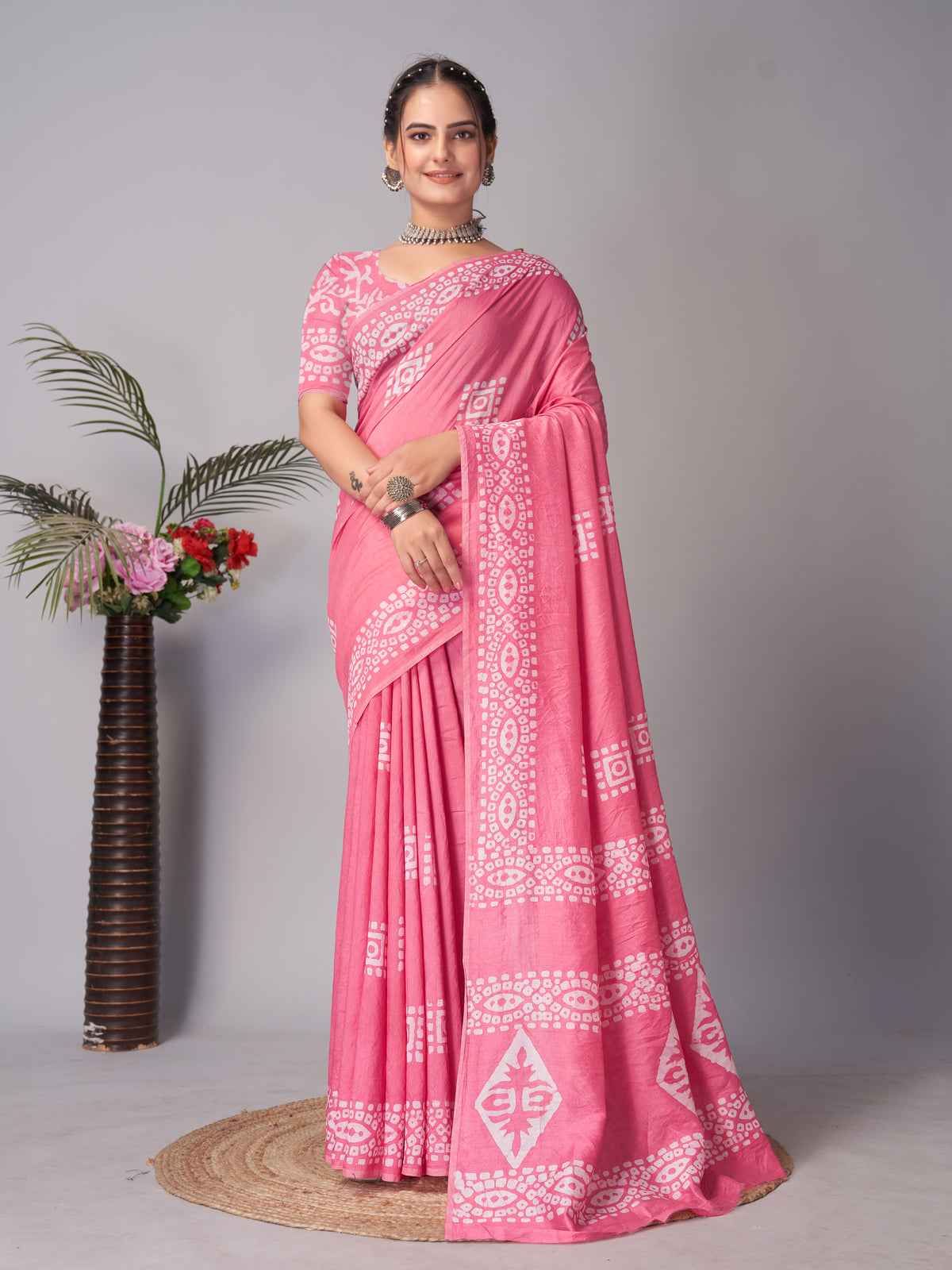Womens Pure Mul Cotton Batik Print Pink Saree