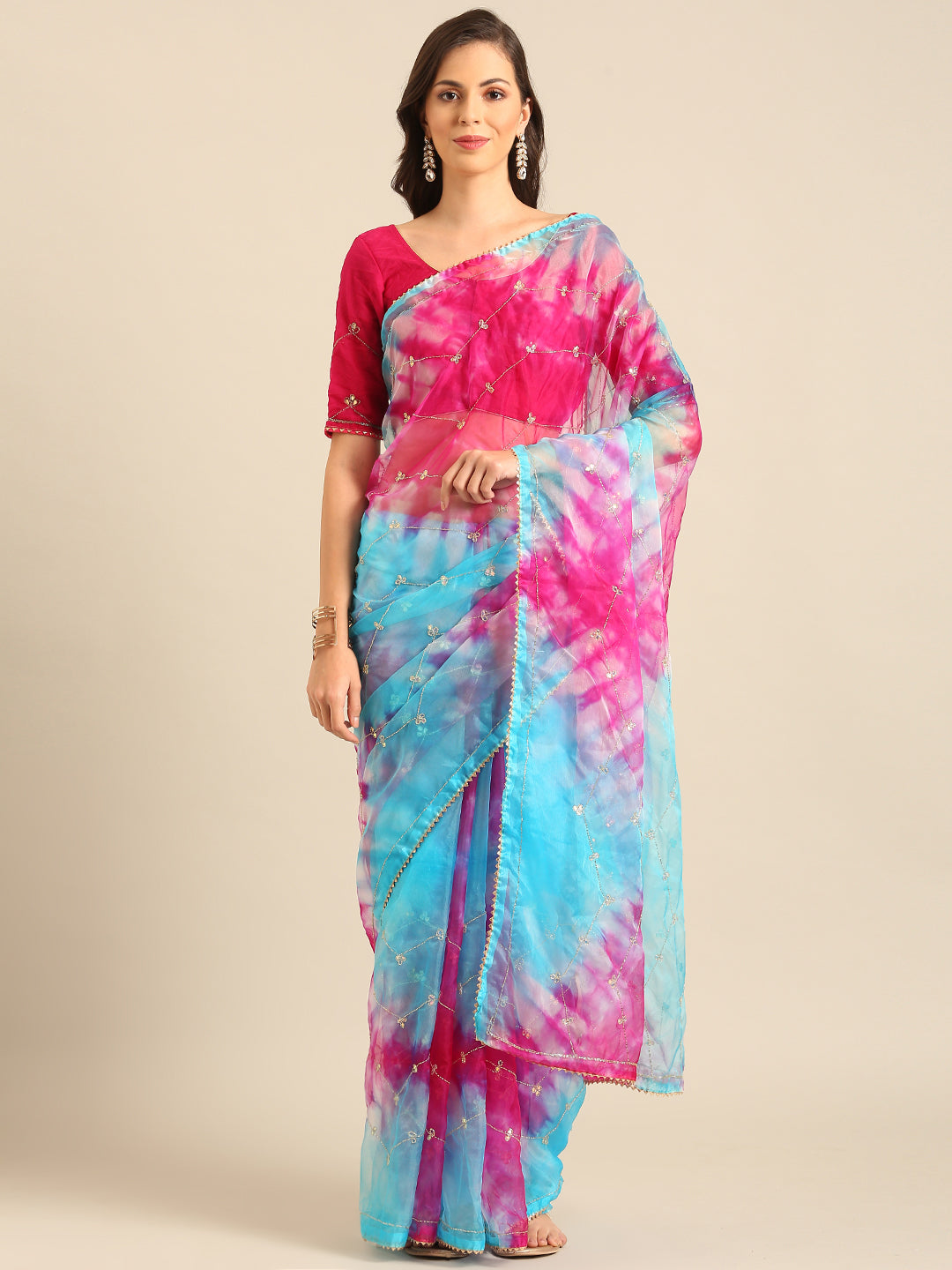Womens Designer Cutdana Handwork Organza Saree