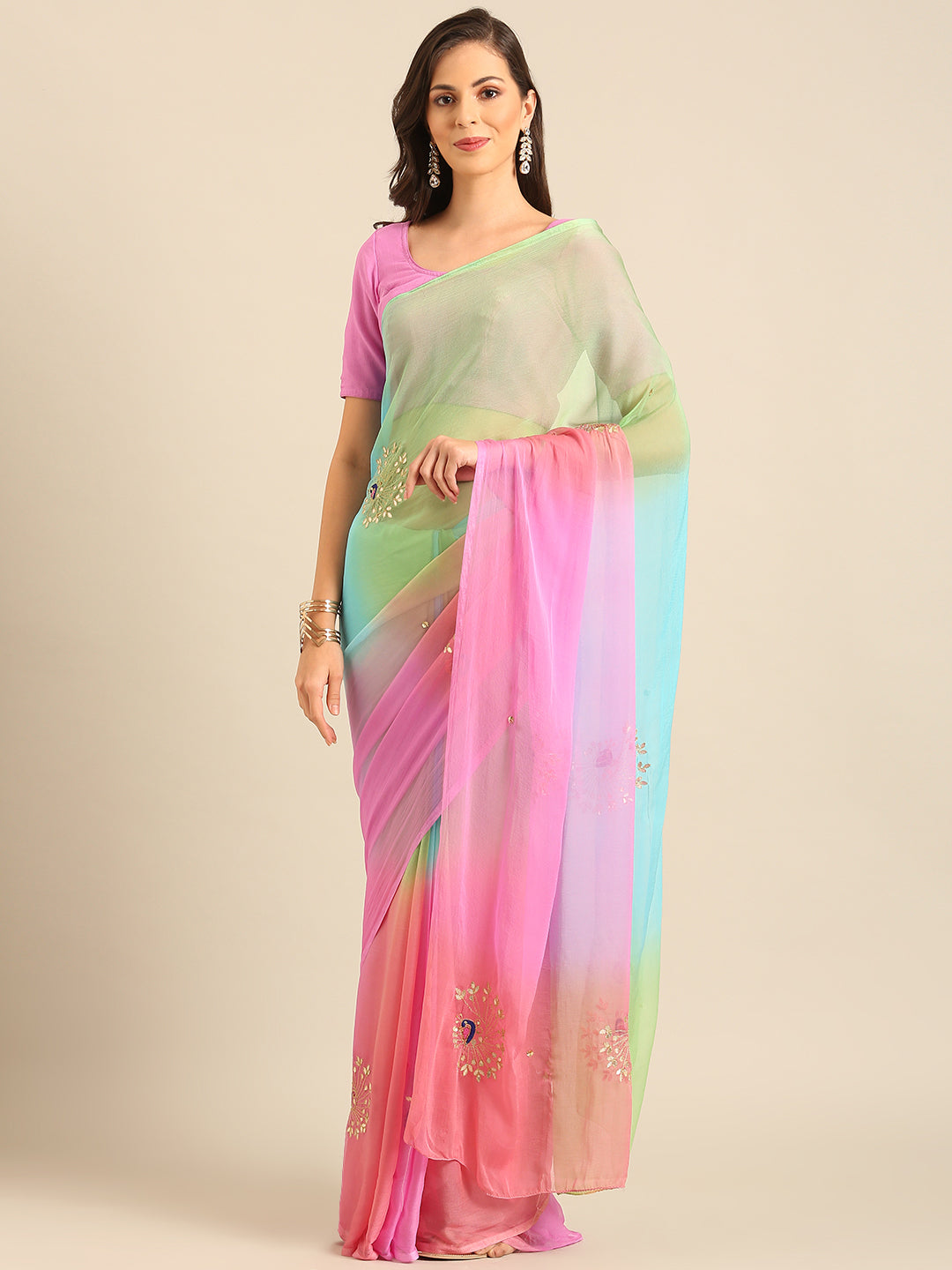 Pure Chiffon Hand Dyed Embroiderd Saree