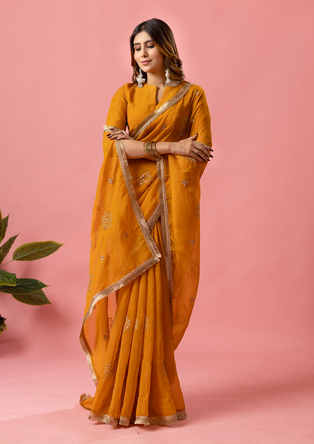 Womens Designer Crunchy Silk Chiffon Embroidery Saree