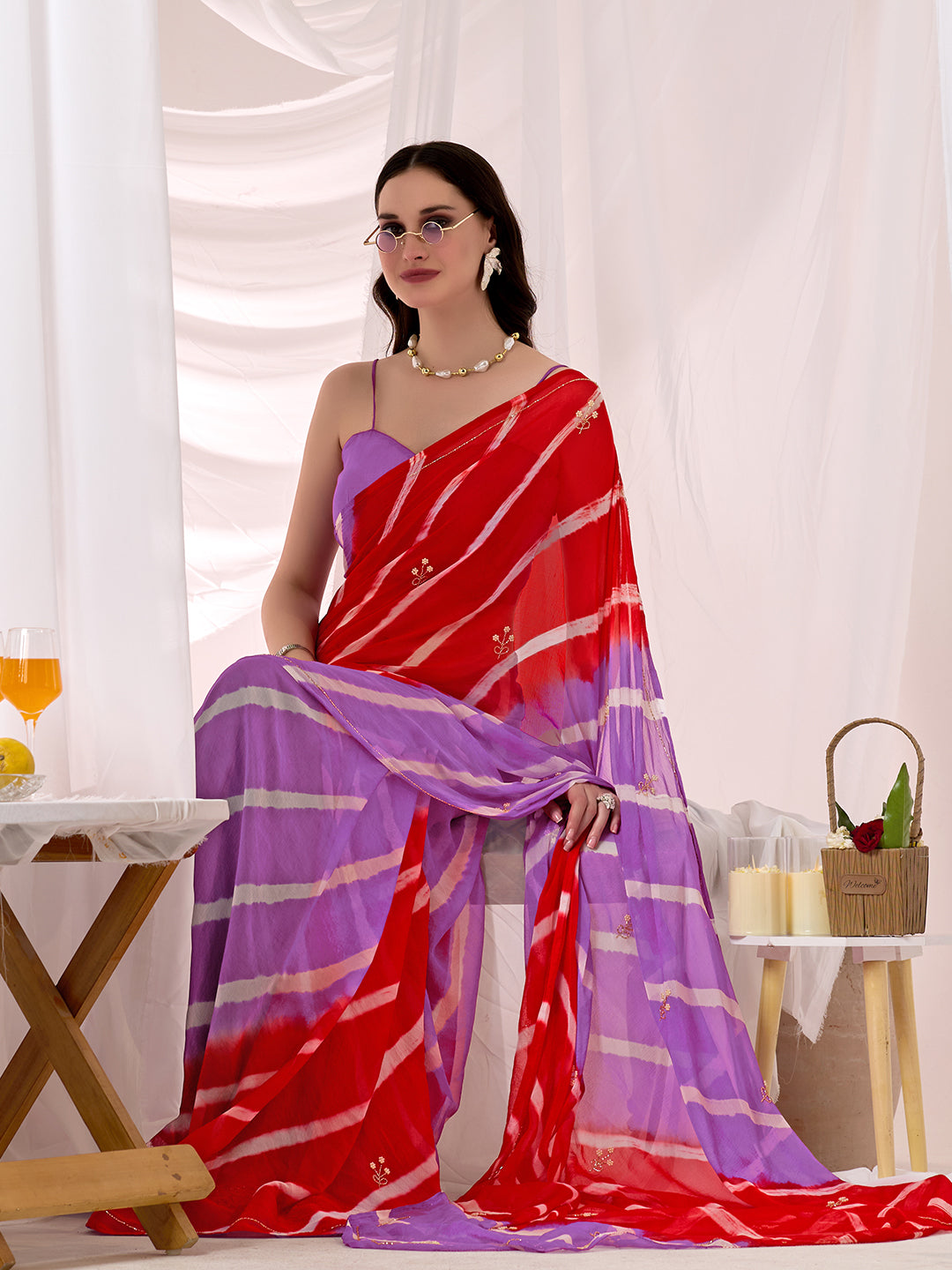 Womens Traditional Leheriya Saree With Handwork Butti