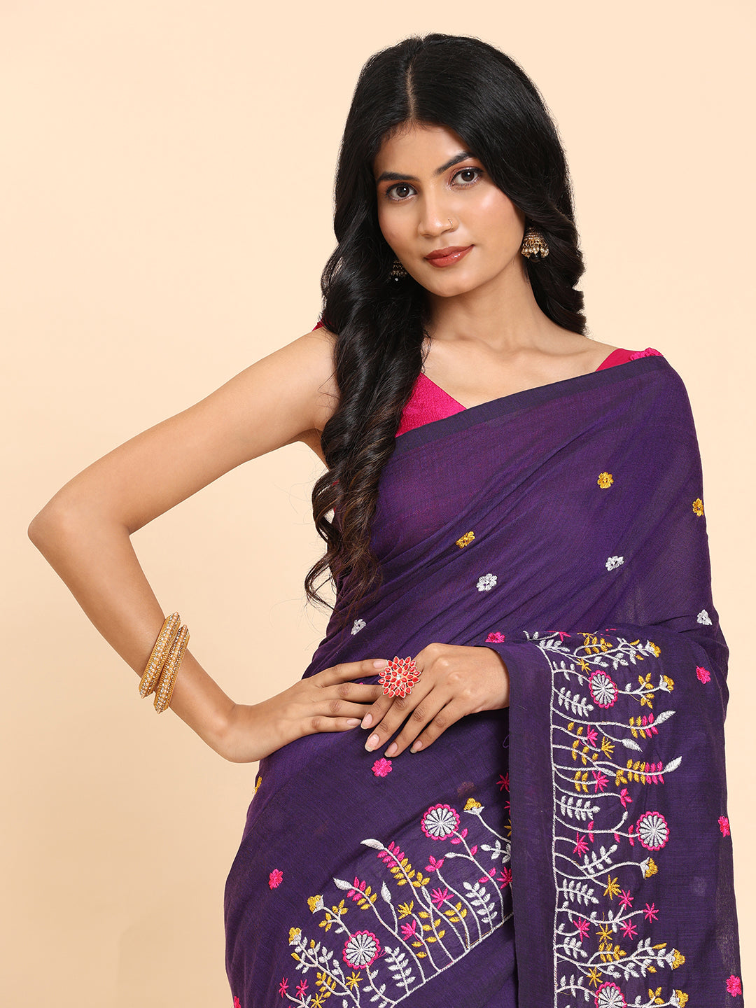 Pure Handloom Cotton Floral Embroidery Saree