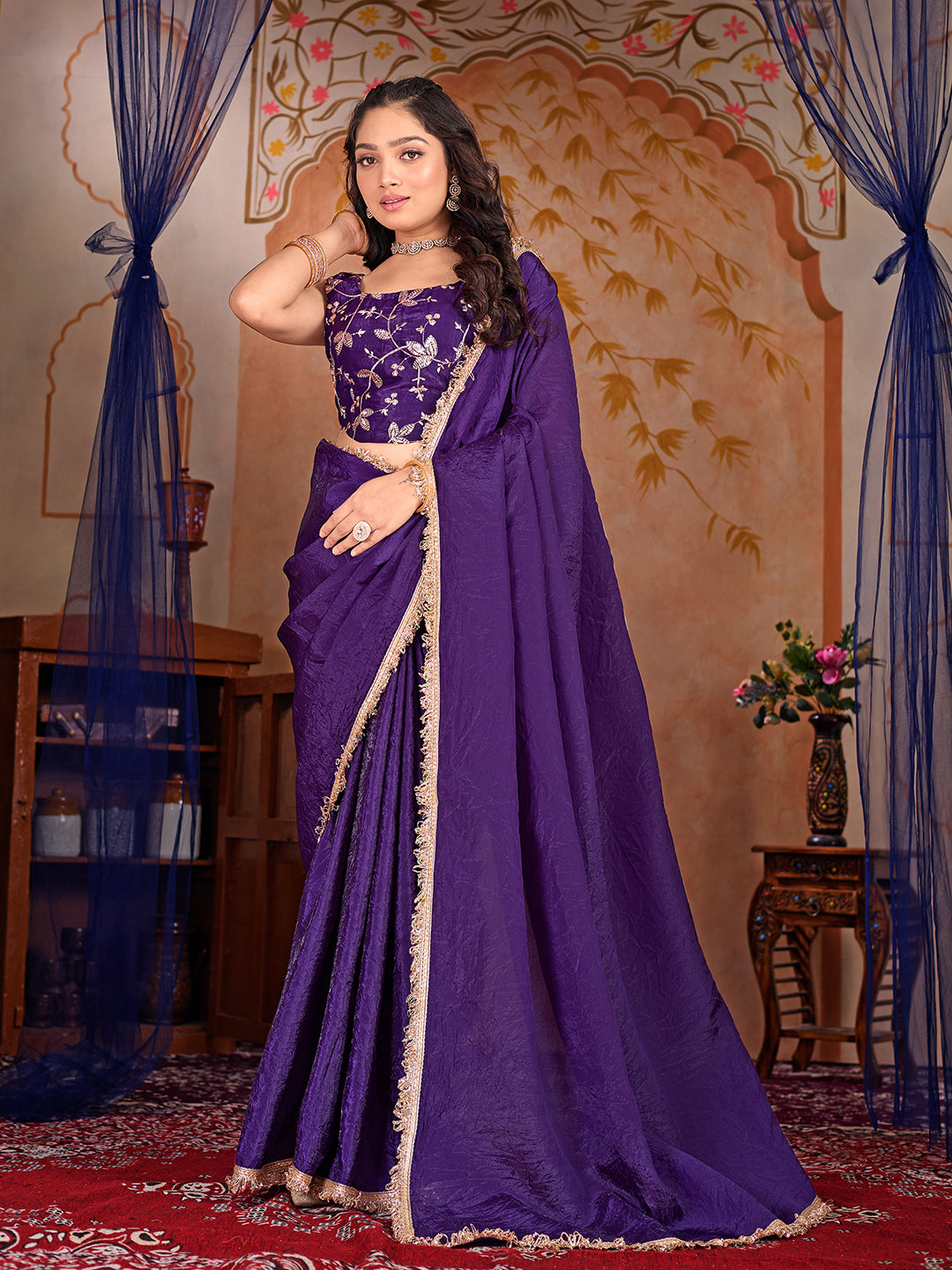 Womens Designer Crush Silk lace saree with Embroidery Blouse
