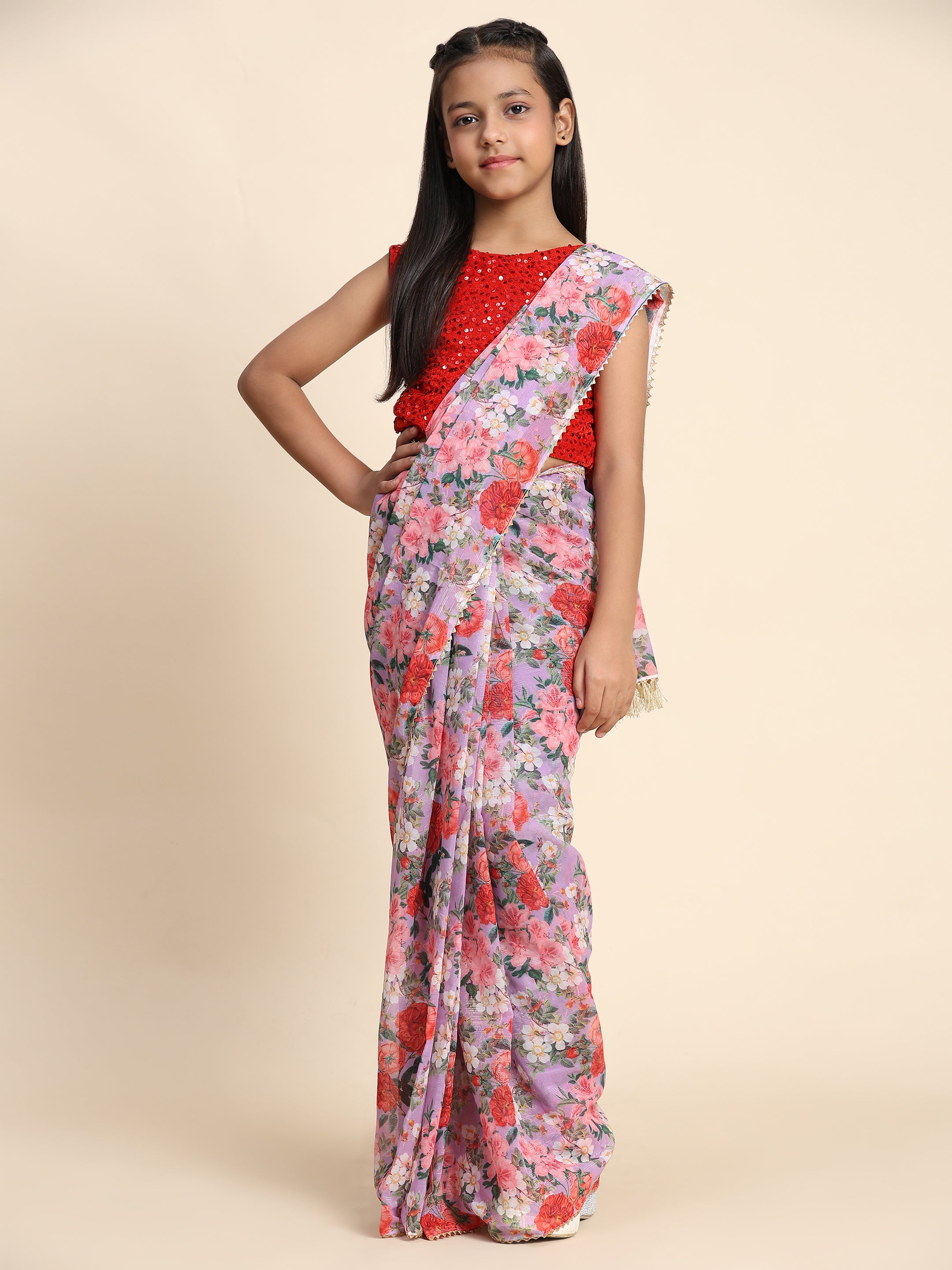 Girls Floral Printed  Ready to Wear Saree with Unstitched Velvet Sequin Blouse