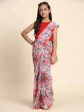 Girls Floral Printed  Ready to Wear Saree with Unstitched Velvet Sequin Blouse