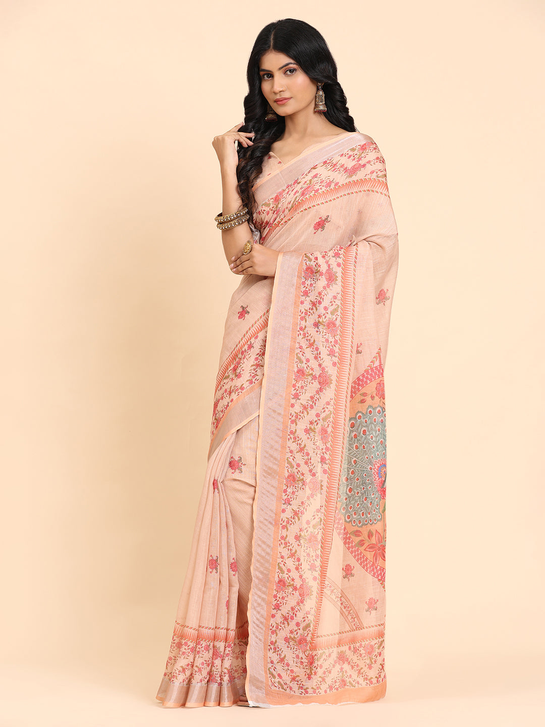 Floral Printed Zari Linen Saree