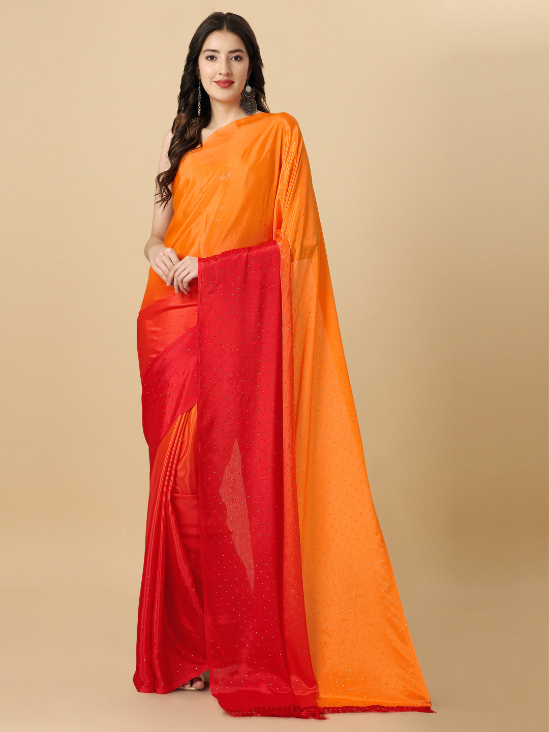 Womens Designer Red Ombre Sarwoski work Saree