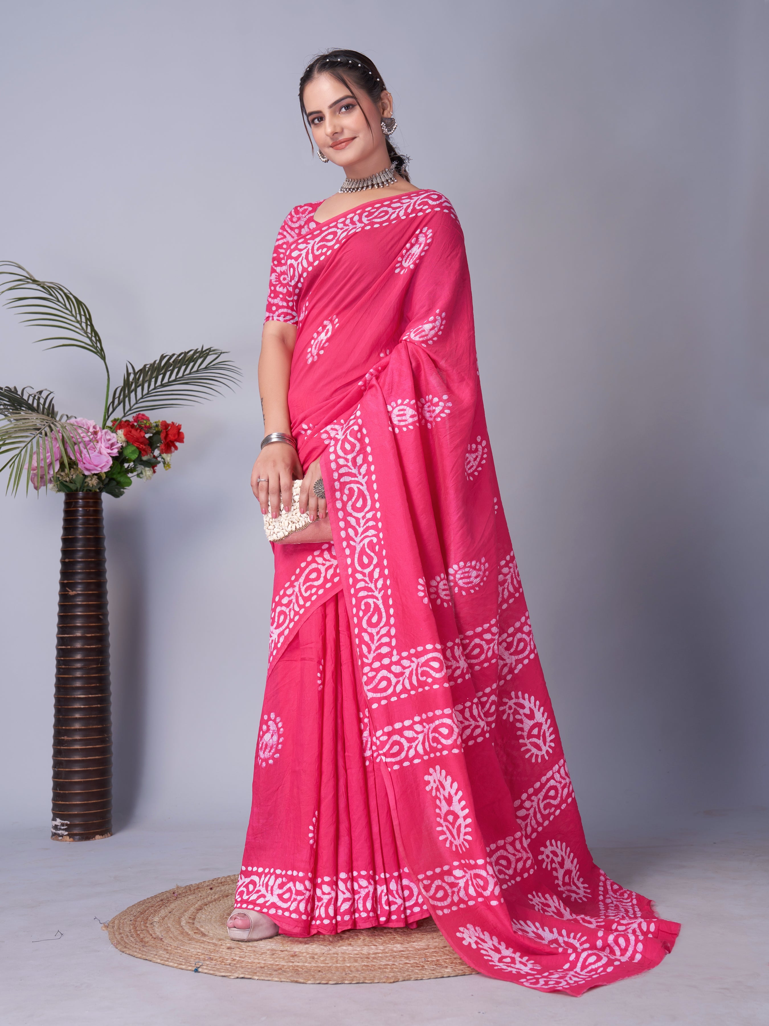 Womens Pure Mul Cotton Batik Print Wine Batik Batik Mango Pink Saree