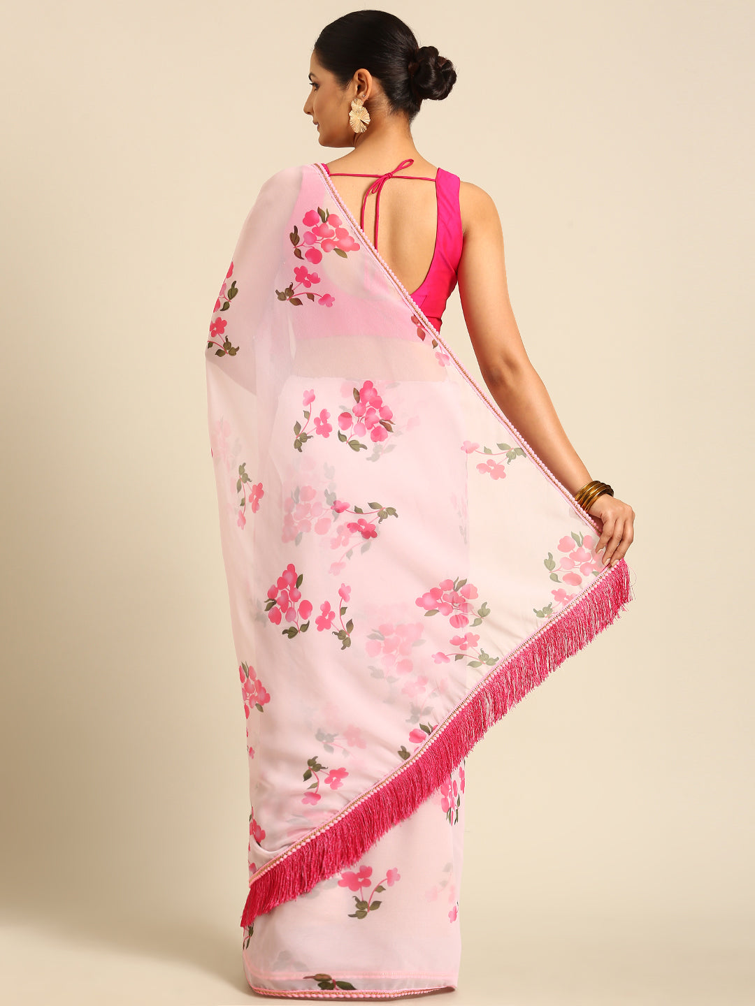 Womens Pure Georgette Pink floral Saree