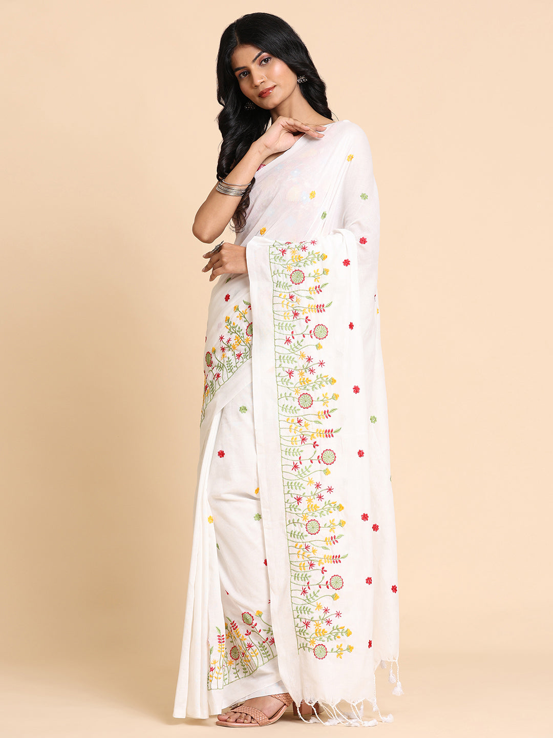Pure Handloom Cotton Floral Embroidery Saree