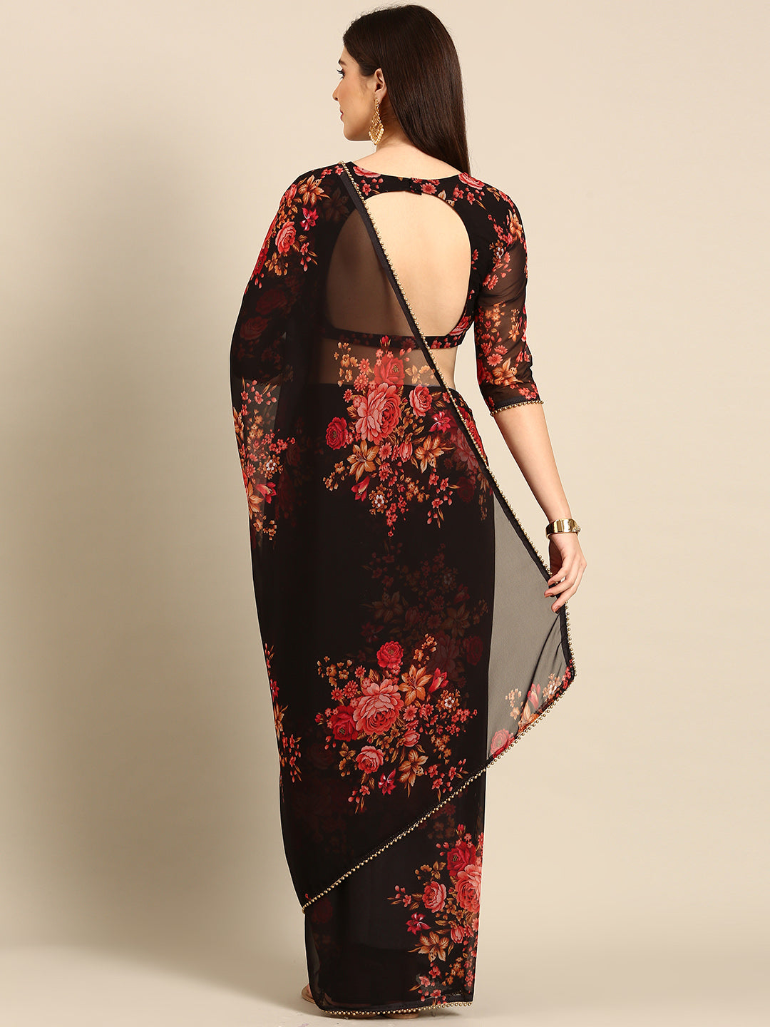Womens Floral Printed Black Georgette Saree
