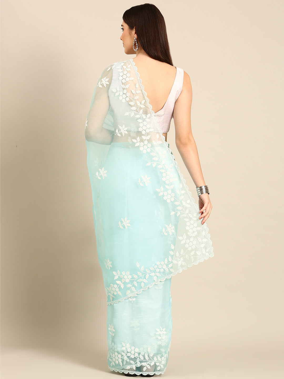 Womens Floral Embroidery Organza Saree