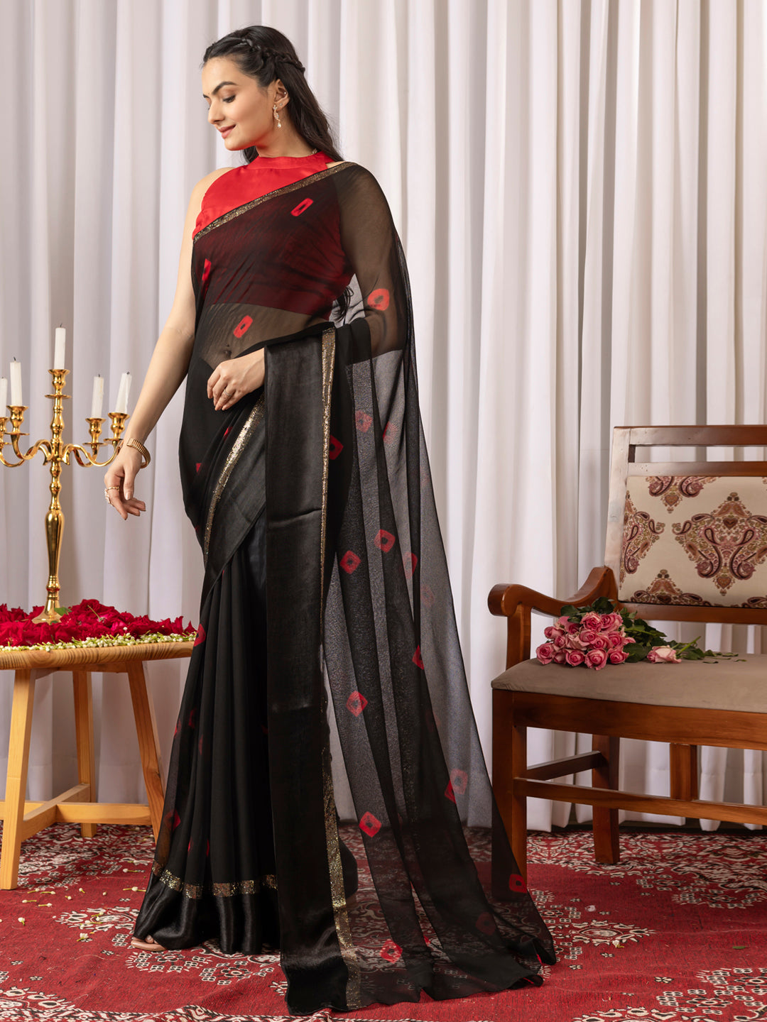 Womens Traditional Hand Bandhej Black & Red Saree