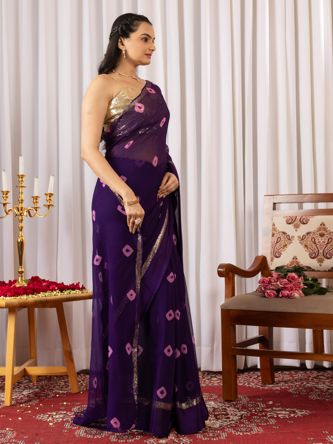 Womens Traditional Hand Bandhej Purple & Pink Saree