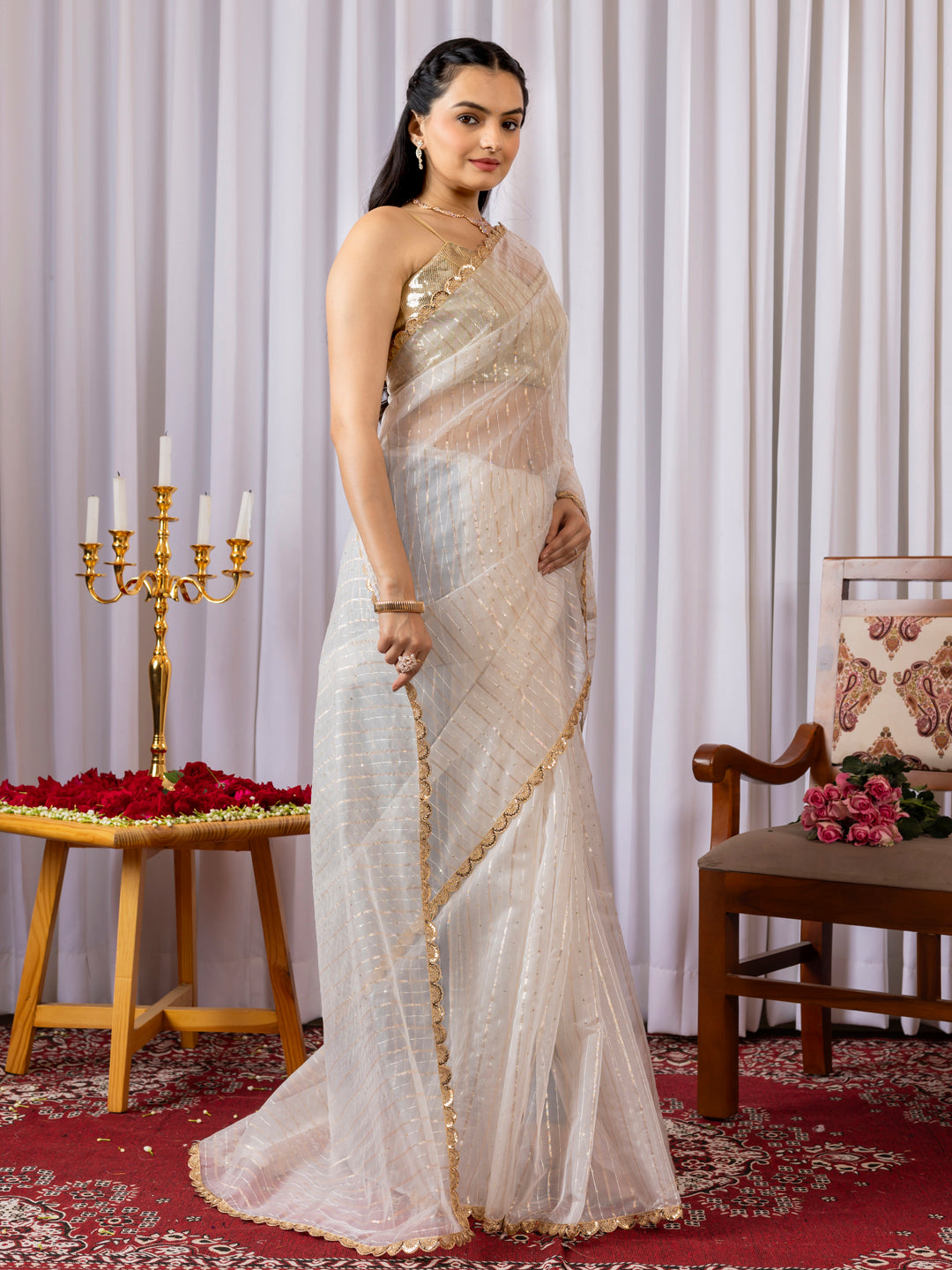 Womens Designer Sequence Embroidery White Saree