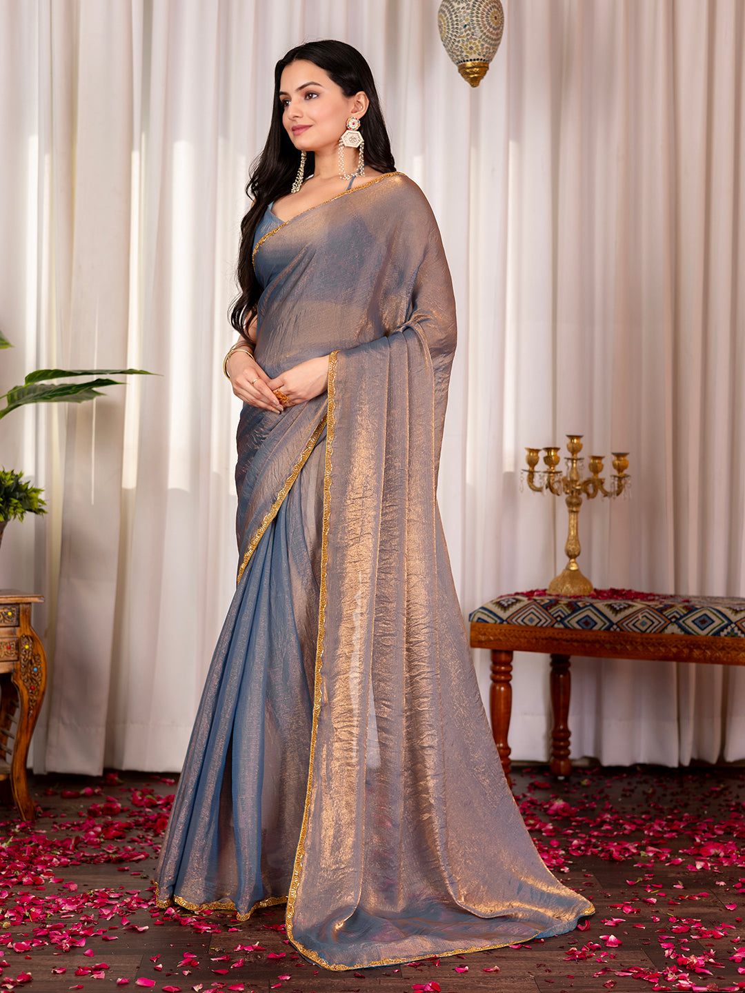 Pure two tone Fendi Chiffon Lace Embroidery Saree