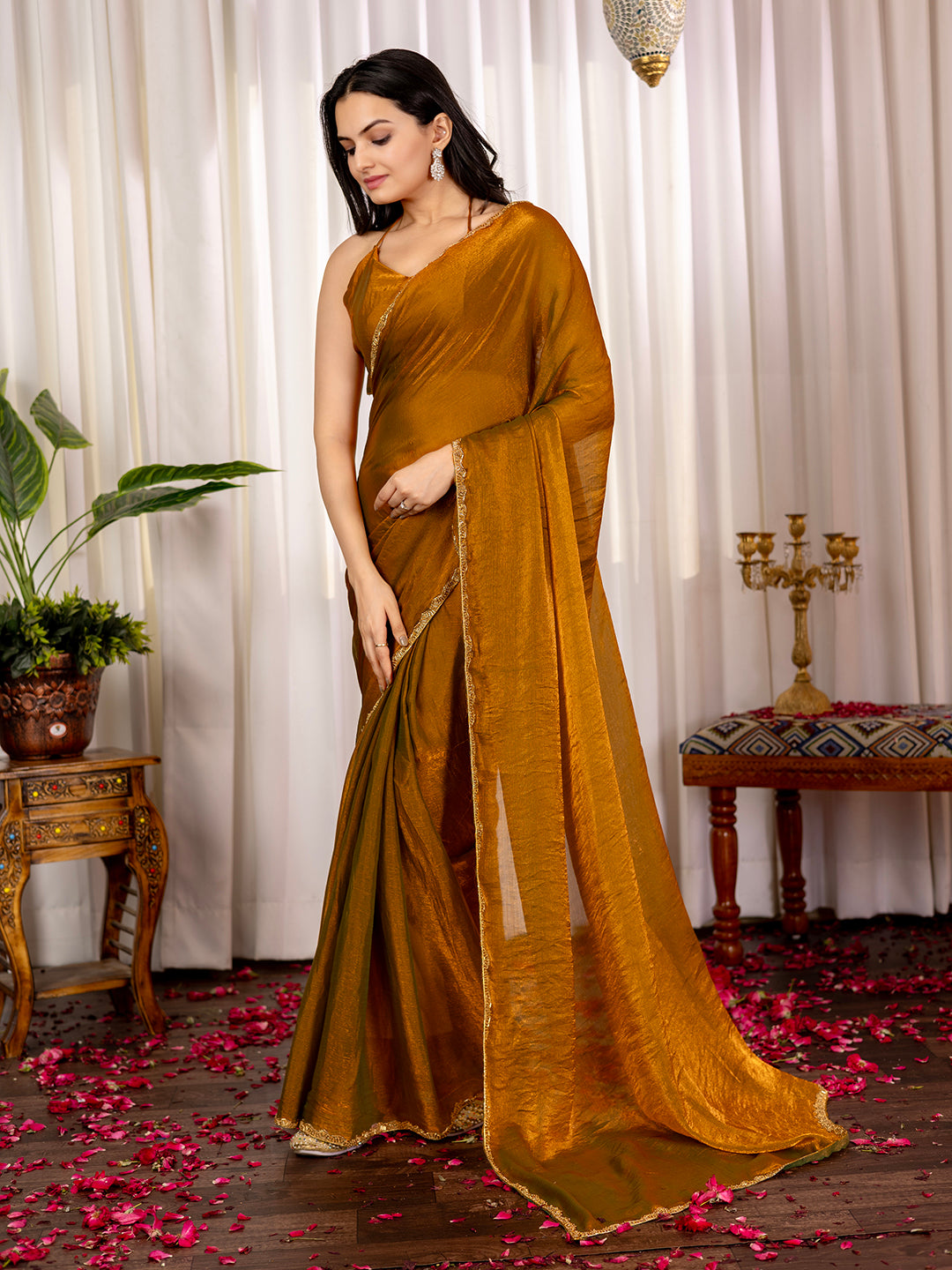 Pure two tone Fendi Chiffon Lace Embroidery Saree