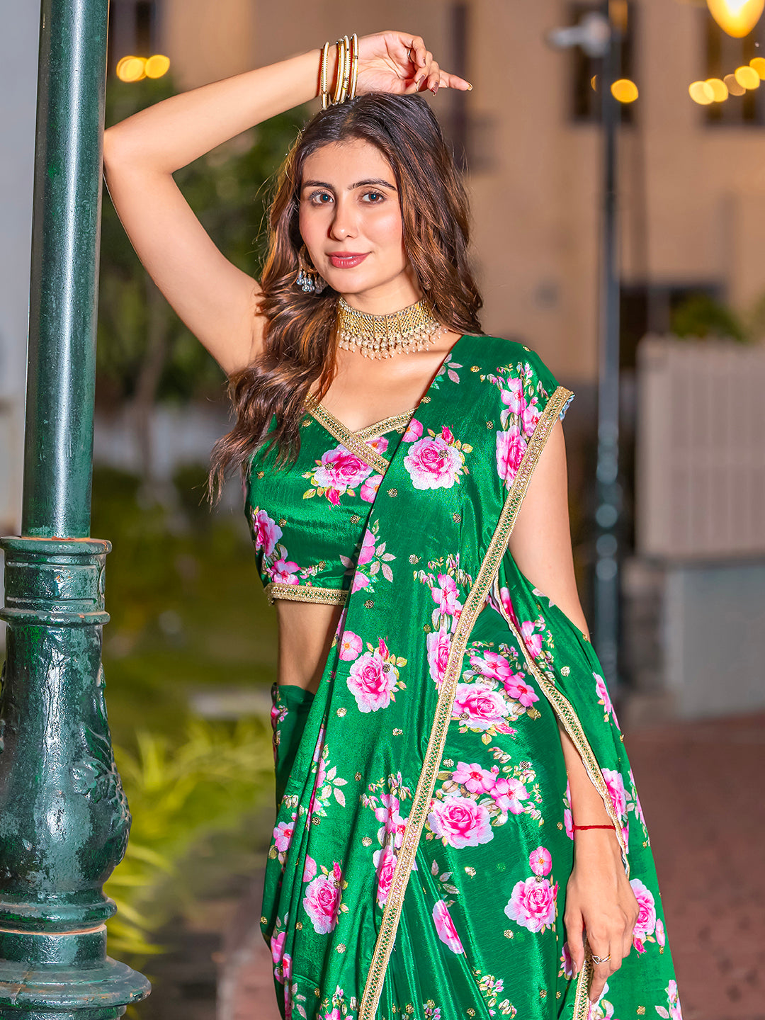 Pure Chinon Floral Printed Sequence Embroidery Saree