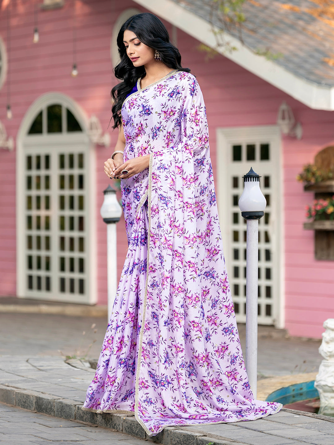 Pure Chinon Floral Printed Sequence Embroidery Saree