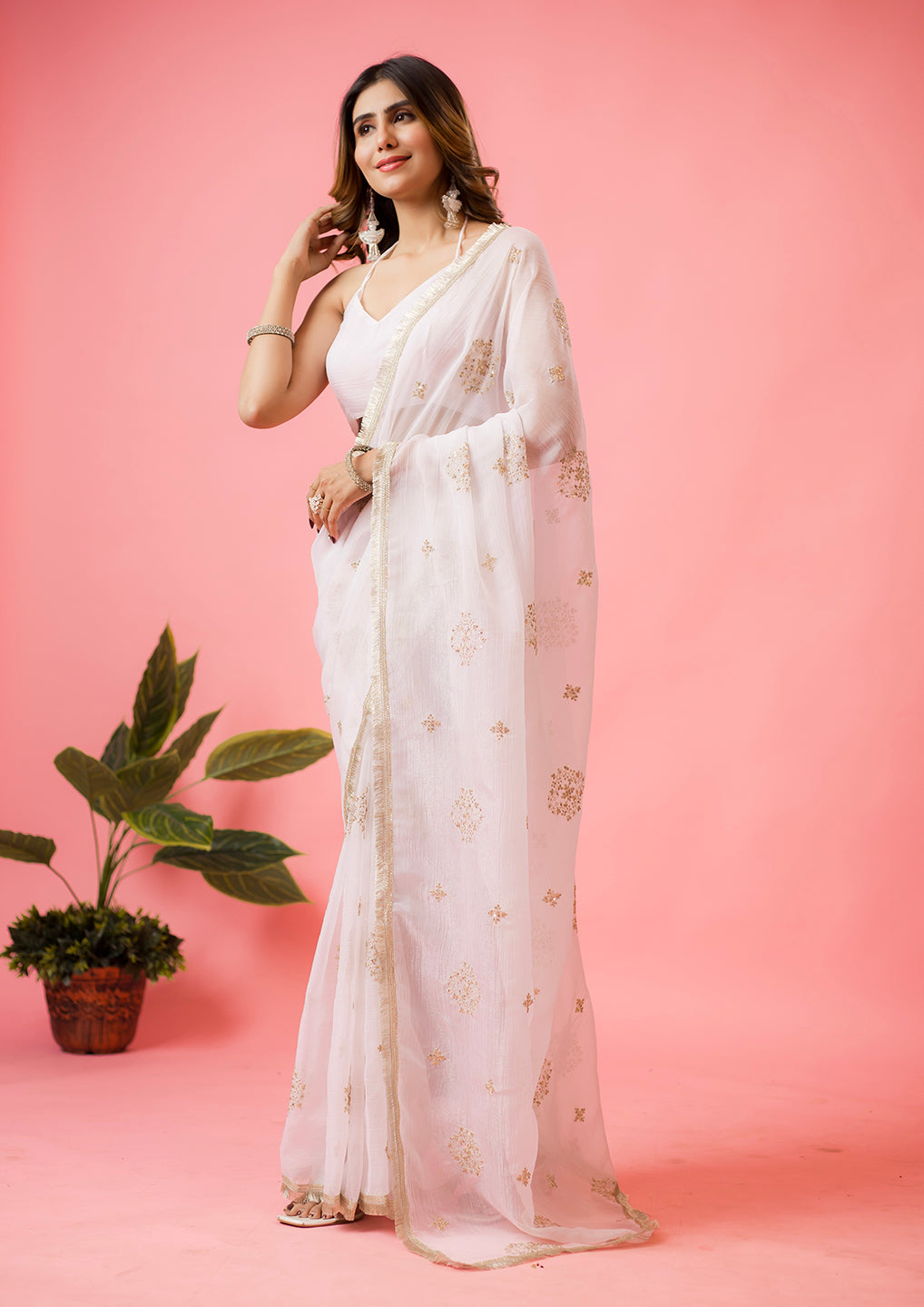 Womens Designer Crunchy Silk Chiffon Embroidery Saree