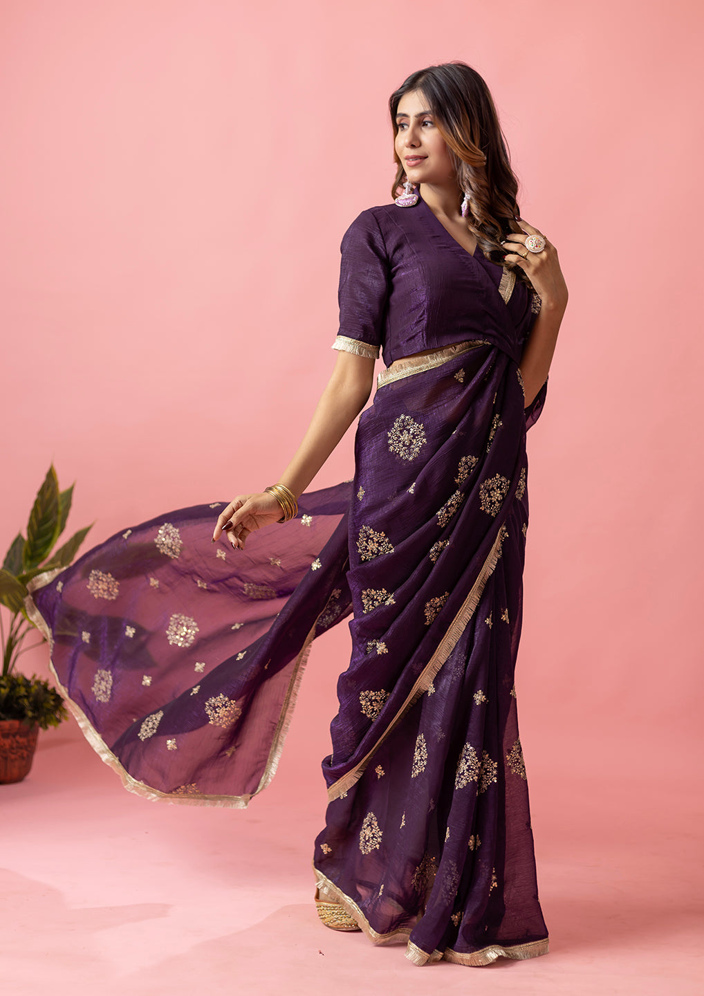Womens Designer Crunchy Silk Chiffon Embroidery Saree