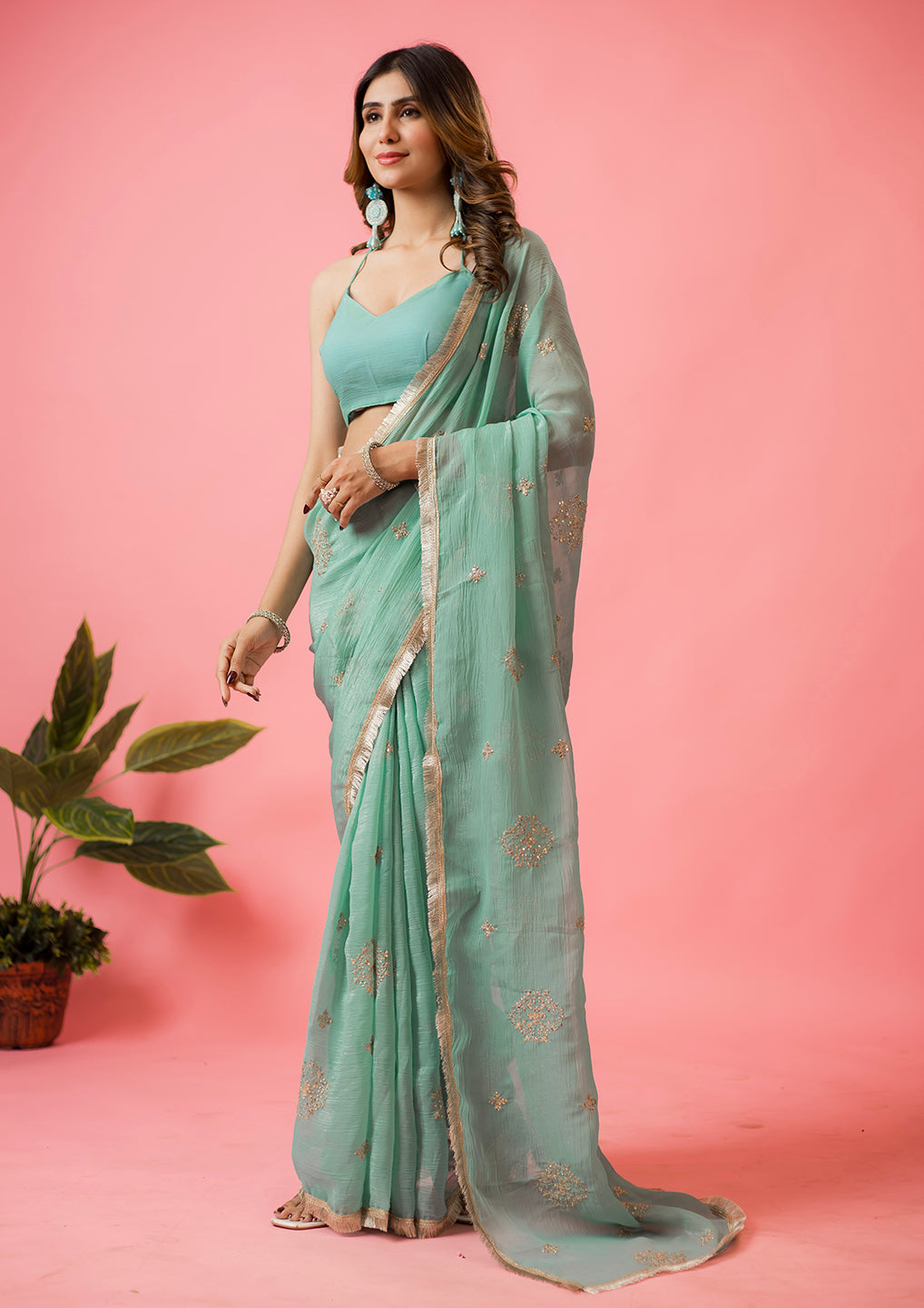 Womens Designer Crunchy Silk Chiffon Embroidery Saree